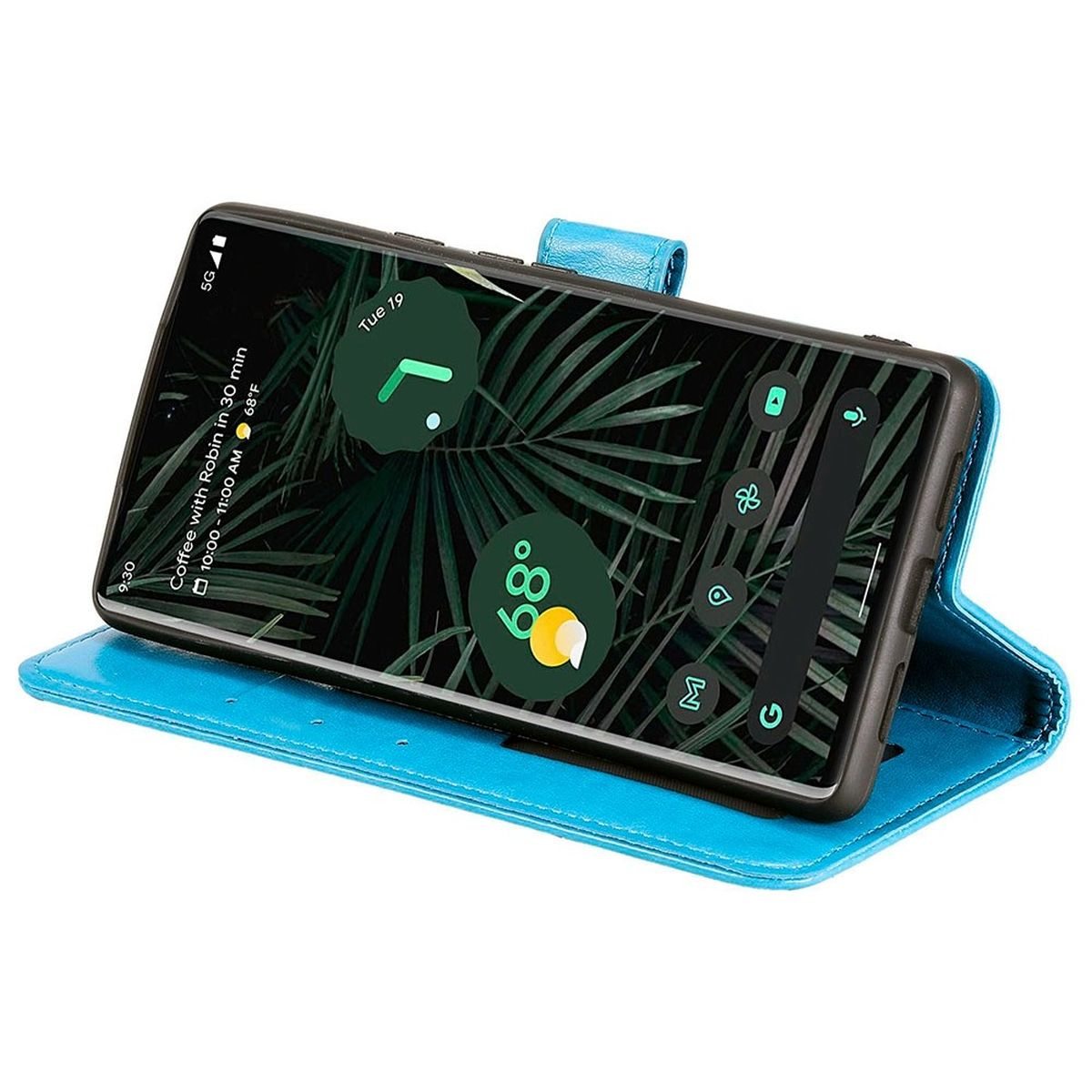 Ein Smartphone in einer blauen Brieftaschenhülle, das seine Oberfläche anzeigt. Die Hülle ist offen.