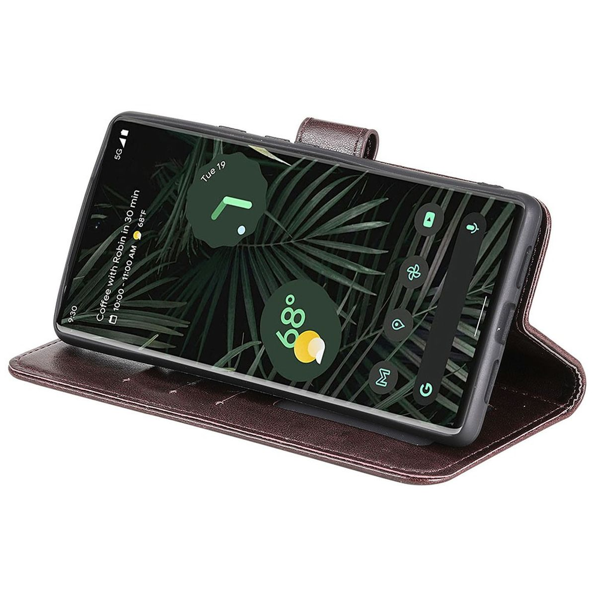 Smartphone in einer braunen Hülle, zeigt eine Benutzeroberfläche. Weißer Hintergrund.