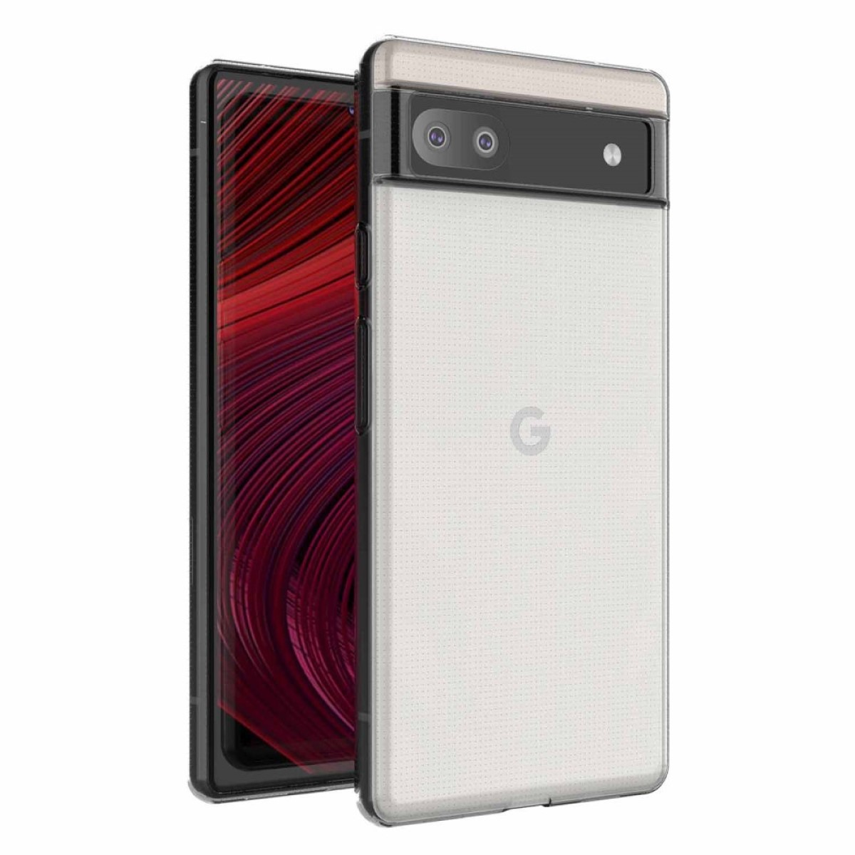 Telefon in einer durchsichtigen Hülle, Seitenansicht. Es ist ein Google Pixel-Telefon, mit weißer Rückseite und schwarzer Kameraleiste.