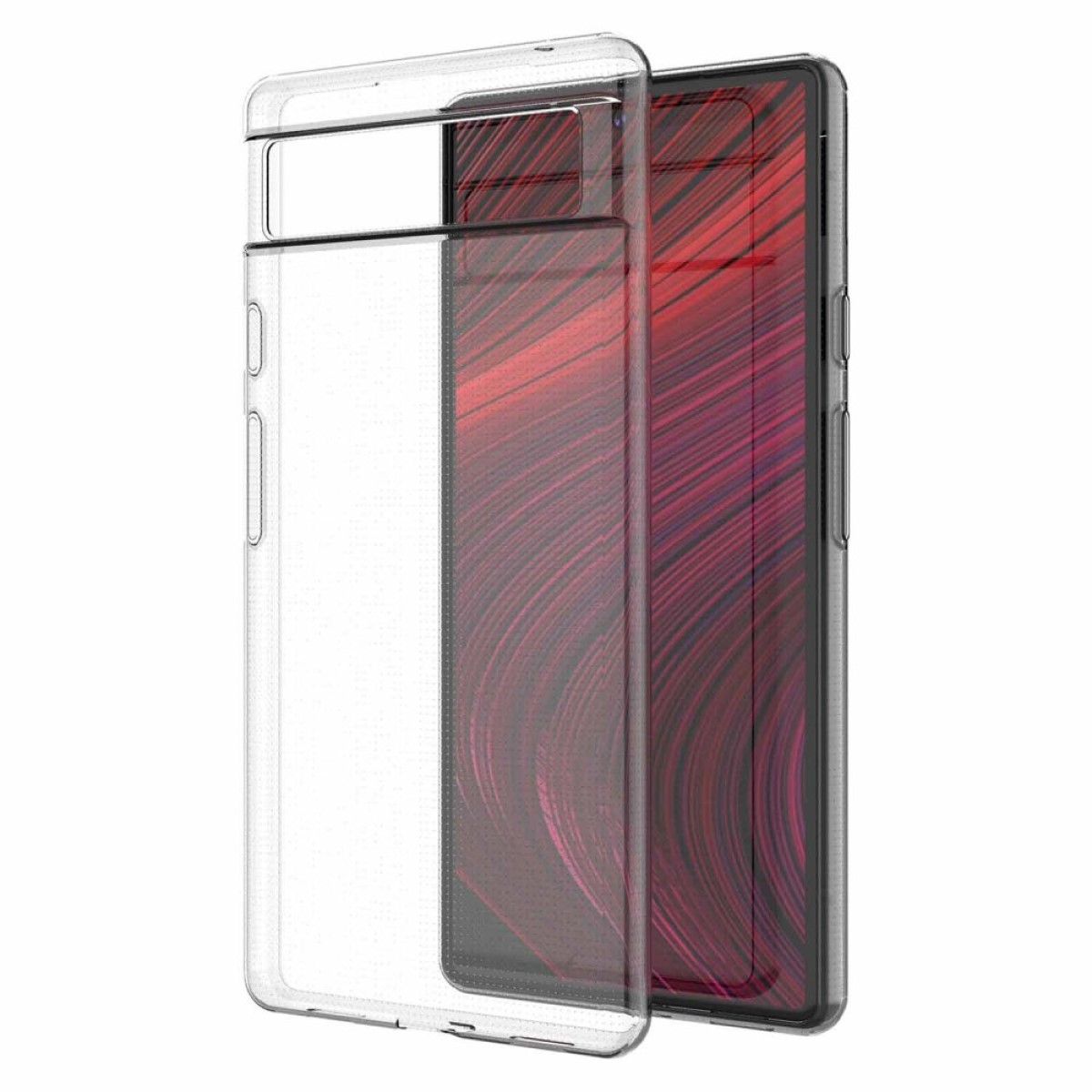 Eine transparente Handyhülle mit einem roten Telefon darin. Die Hülle bedeckt das Telefon.