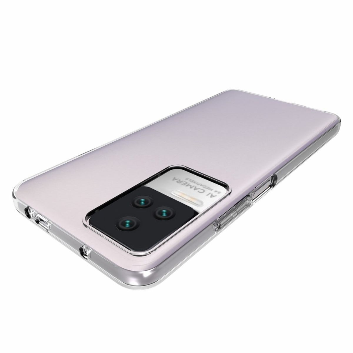 Telefon mit Schutzhülle. Die Rückseite ist helllila, mit mehreren Kameras.