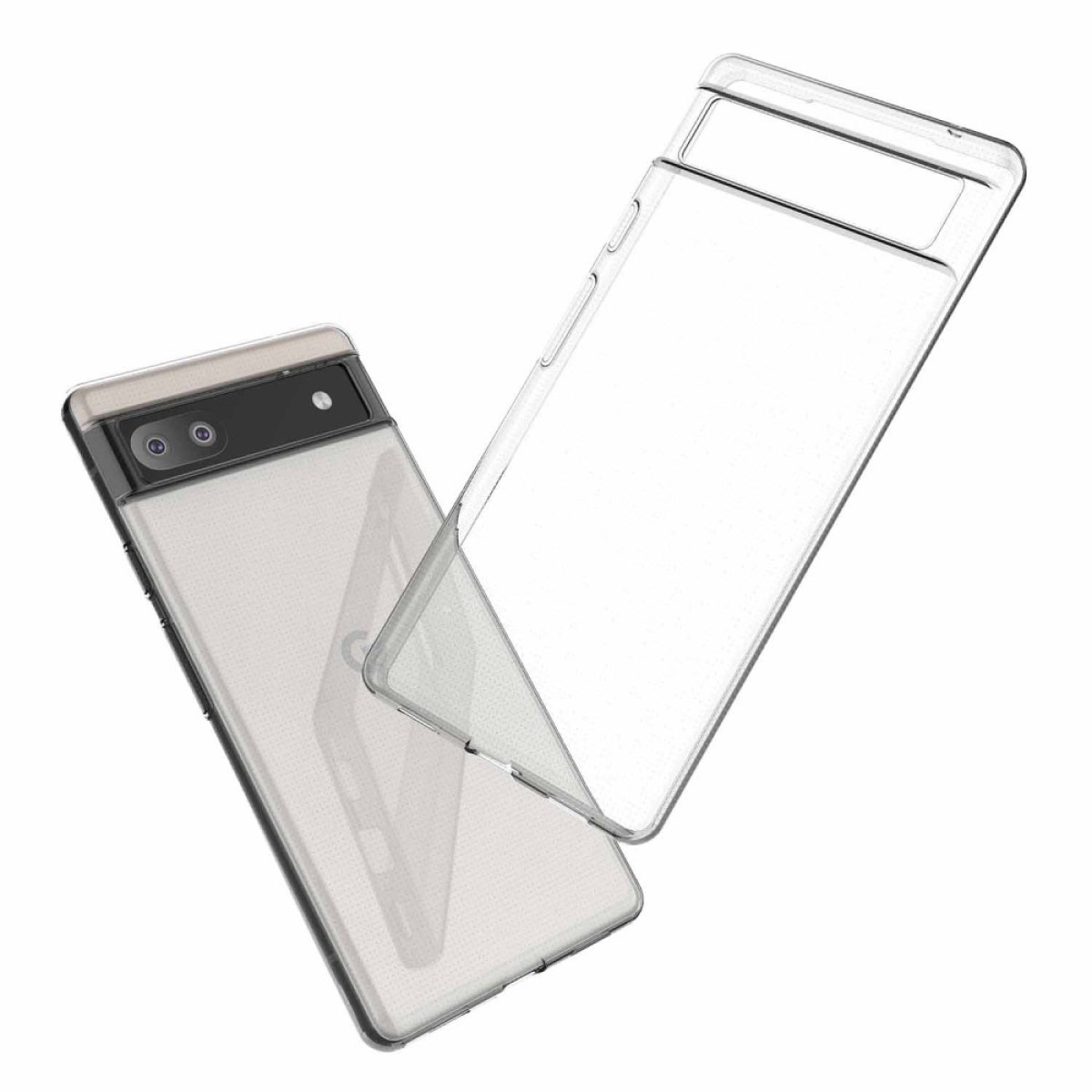 Transparente Handyhülle neben einem Handy mit Kameraausbuchtung.