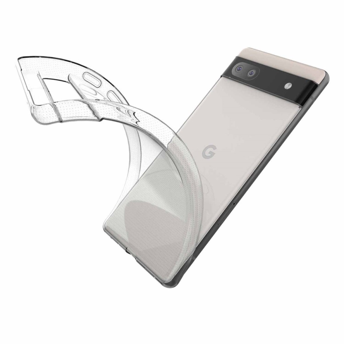 Eine transparente, flexible Handyhülle mit einem Google Pixel-Telefon darin, das das Design des Telefons zeigt.