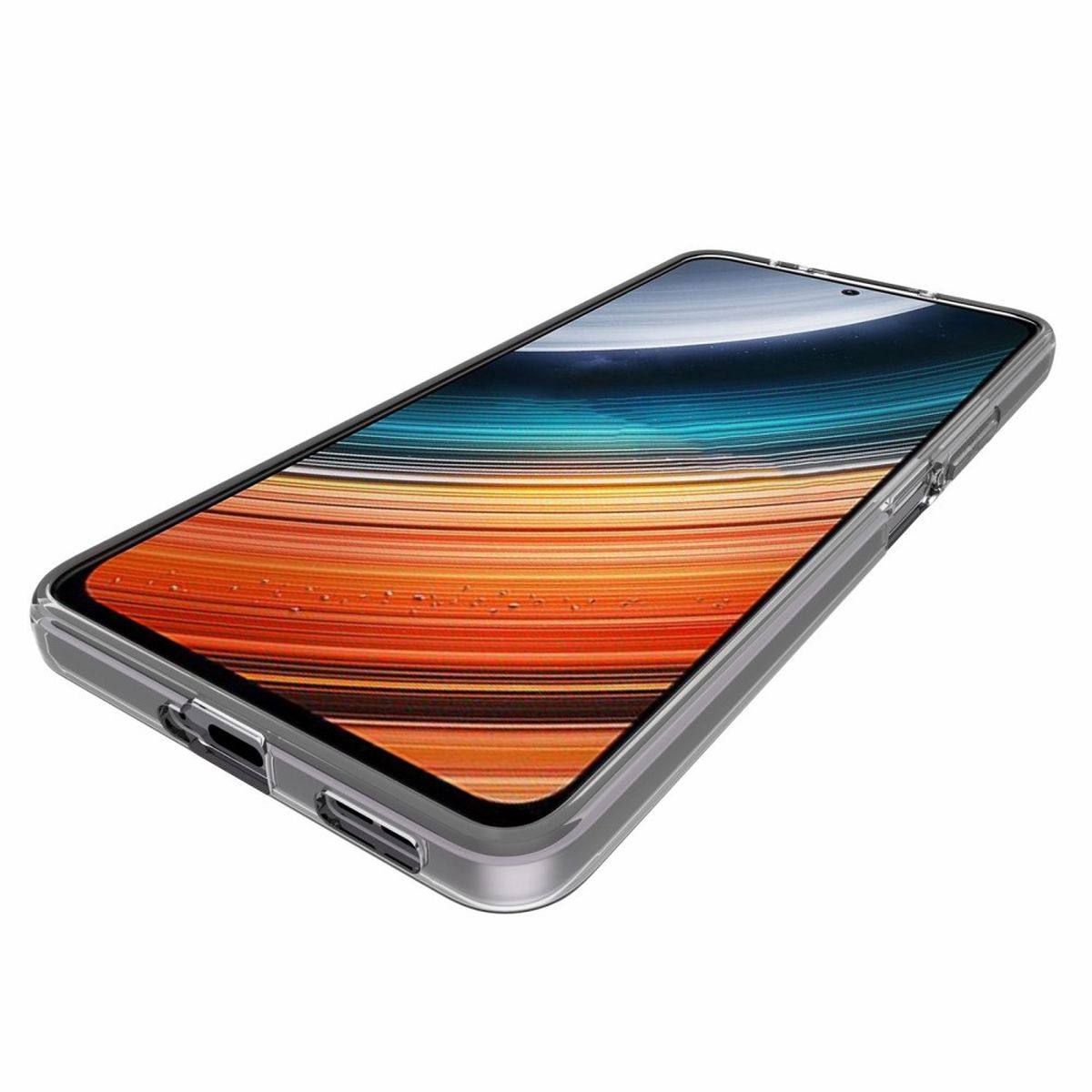 Ein Telefon mit transparentem Gehäuse, das auf einer Oberfläche liegt und den Bildschirm zeigt.
