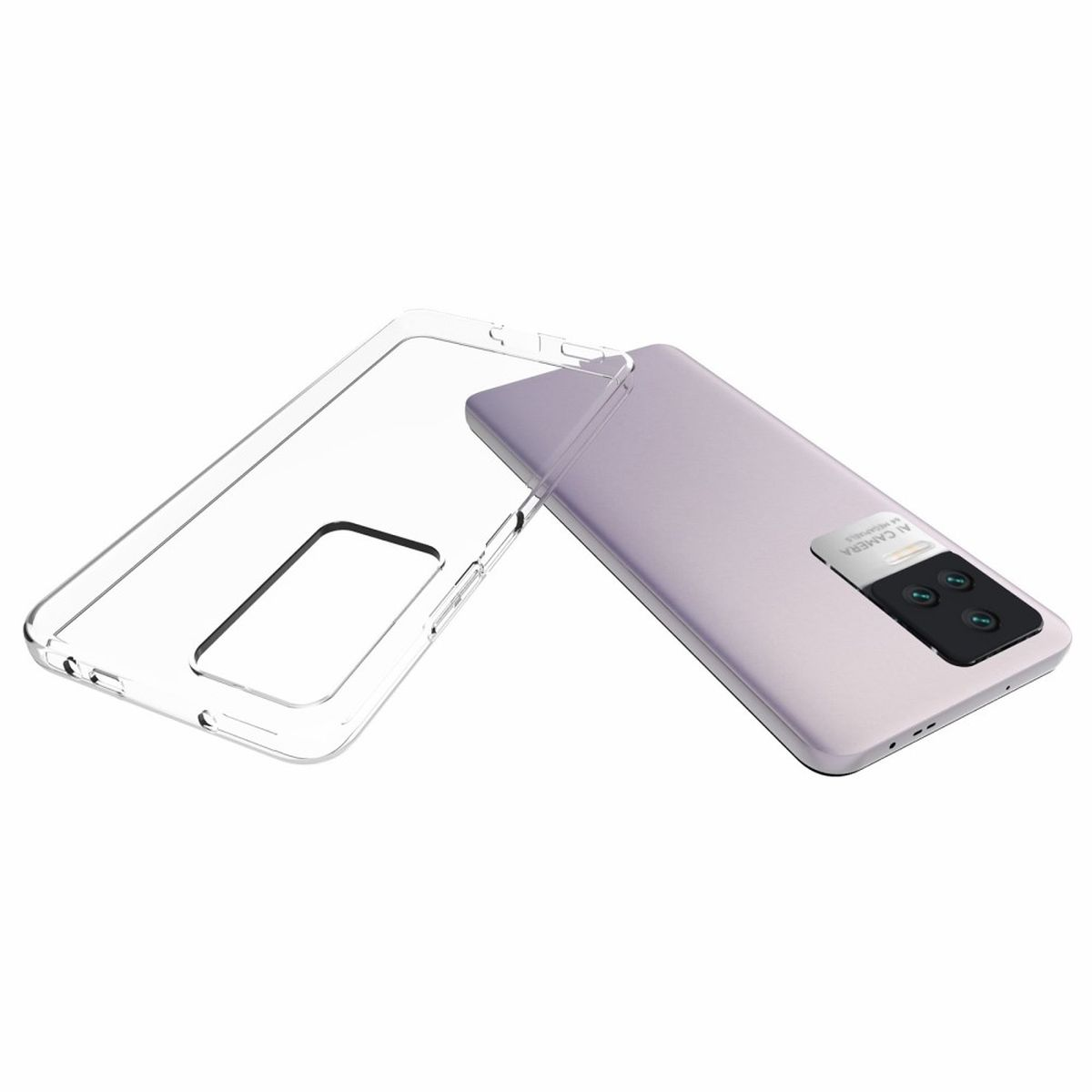Transparente Handyhülle links, und das lila Telefon rechts.