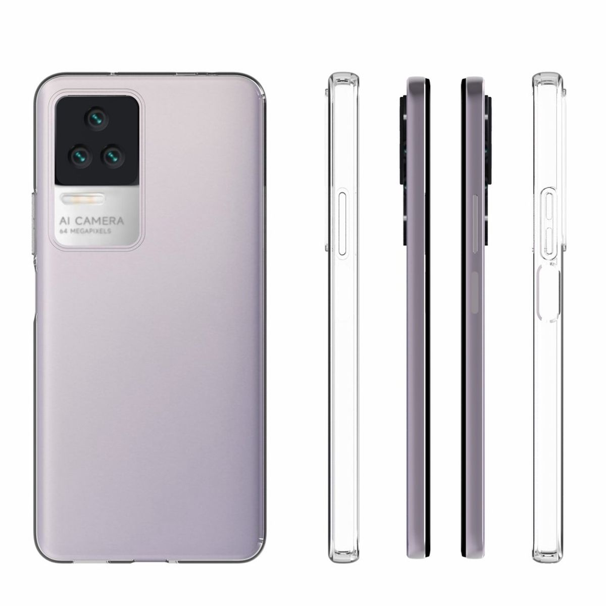 Smartphone mit Dreifach-Kamerasystem und transparenter Hülle. Mehrere Ansichten gezeigt.