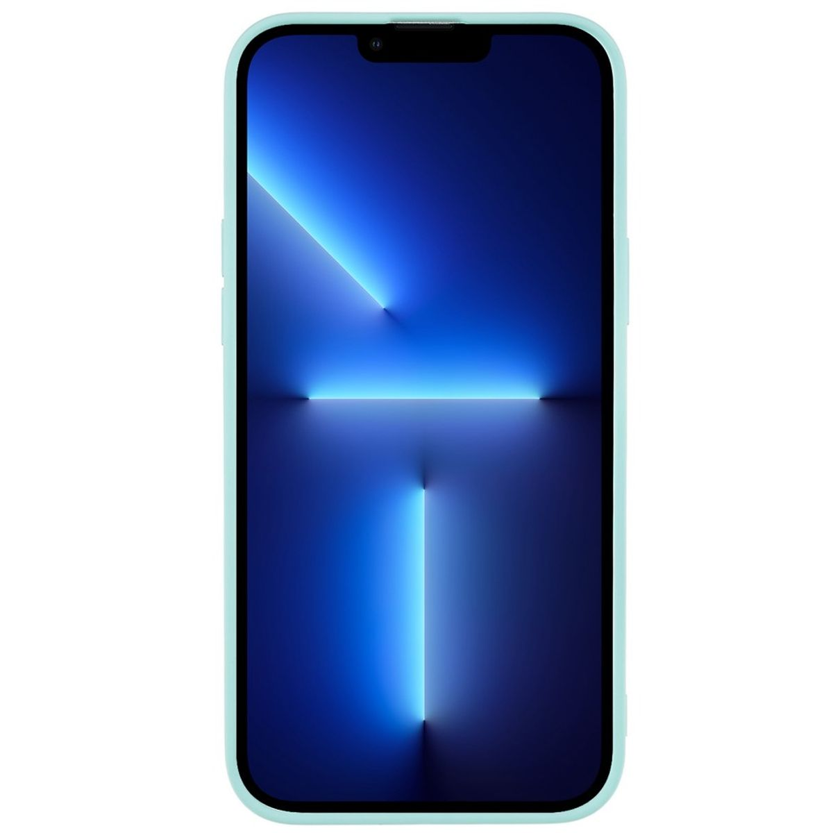 Telefon mit blauem Bildschirm, in einer Hülle. Die Hülle ist hellgrün. Vertikale Aufnahme.