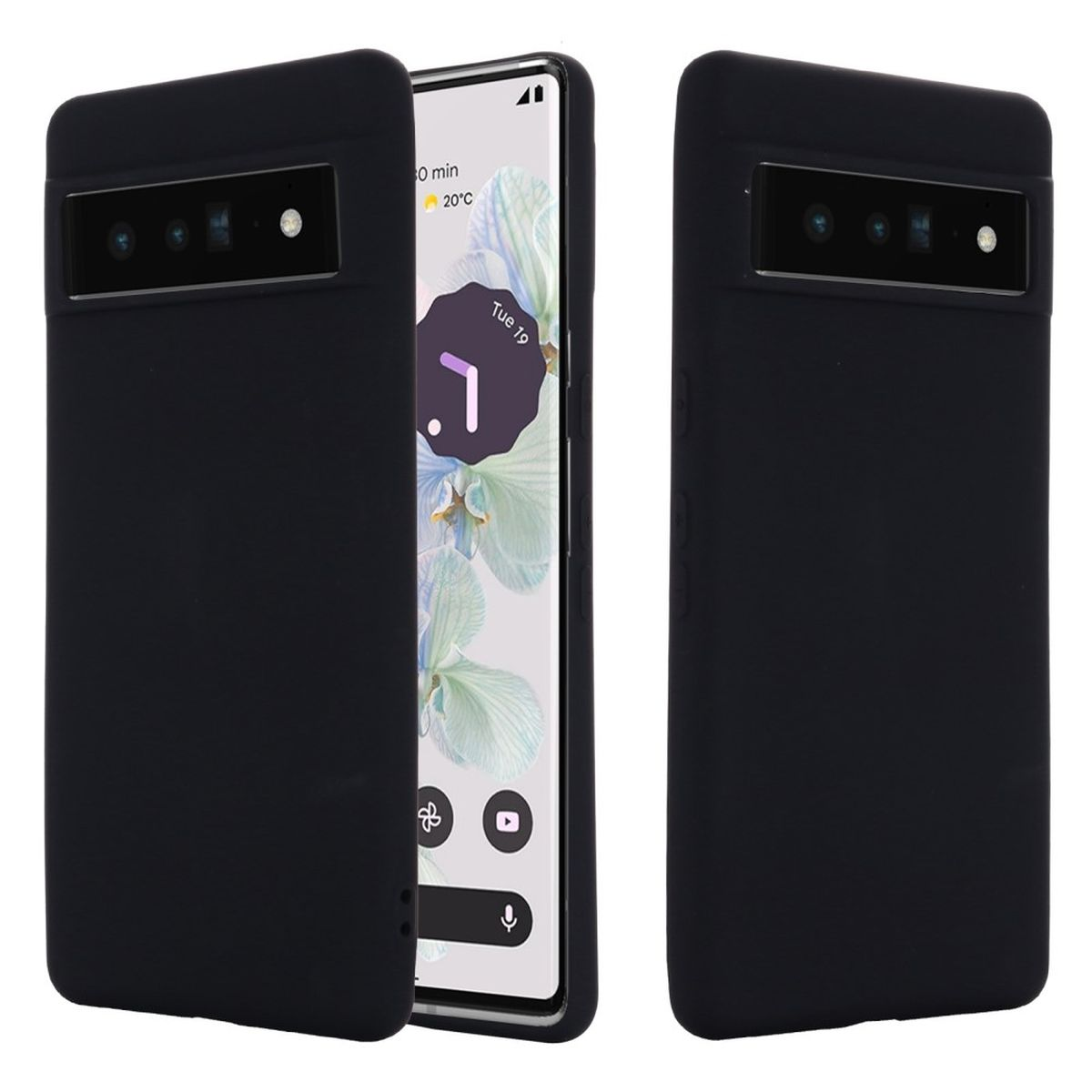 Schwarze Handyhülle schützt ein Telefon. Ein Telefon zeigt die Uhrzeit an. Zwei Hüllen sind abgebildet.