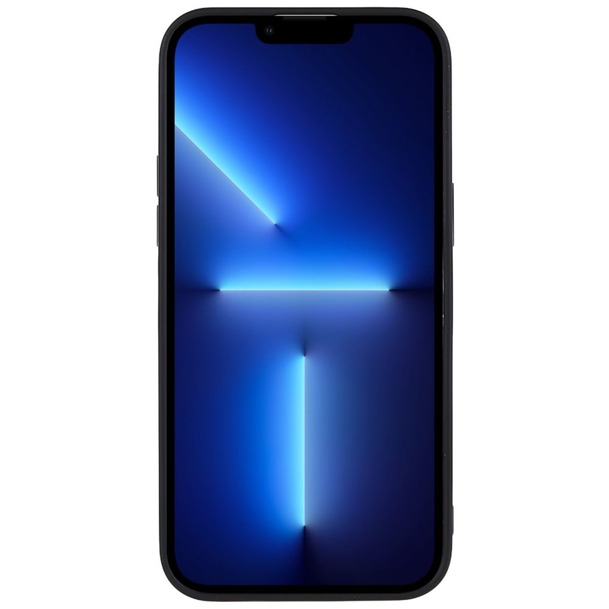 Ein schwarzes iPhone zeigt einen blauen und weißen abstrakten Hintergrund mit Lichtstrahlen.