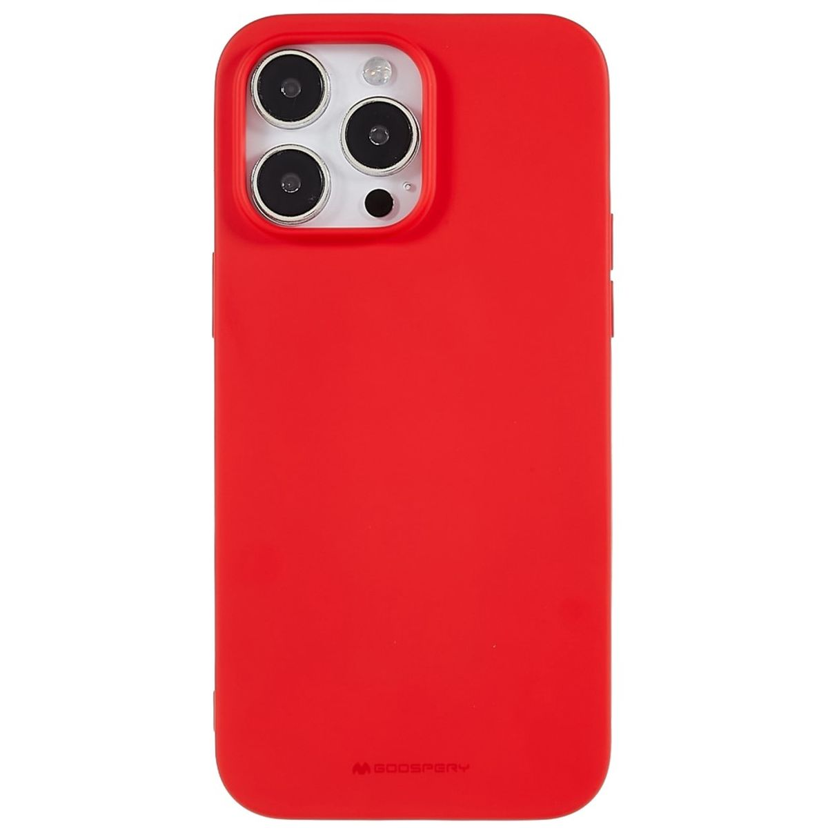 Rote iPhone-Hülle mit drei Kameraausschnitten und dem Goospery-Markenlogo, auf weißem Hintergrund.