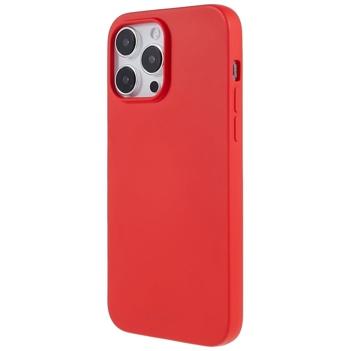 Rote iPhone-Hülle mit drei Kameralinsen auf der Rückseite, roten Knöpfen an der Seite, weißer Hintergrund.