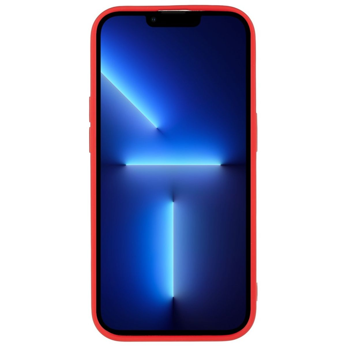Rote Handyhülle, die den Telefonbildschirm zeigt. Der Bildschirm ist blau mit vertikalen hellen Linien.