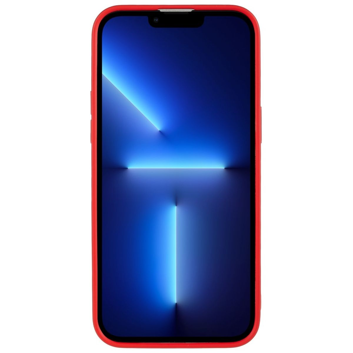 Rotes Telefon mit blau beleuchtetem Bildschirm. Rotes Gehäuse und blauer Hintergrund.