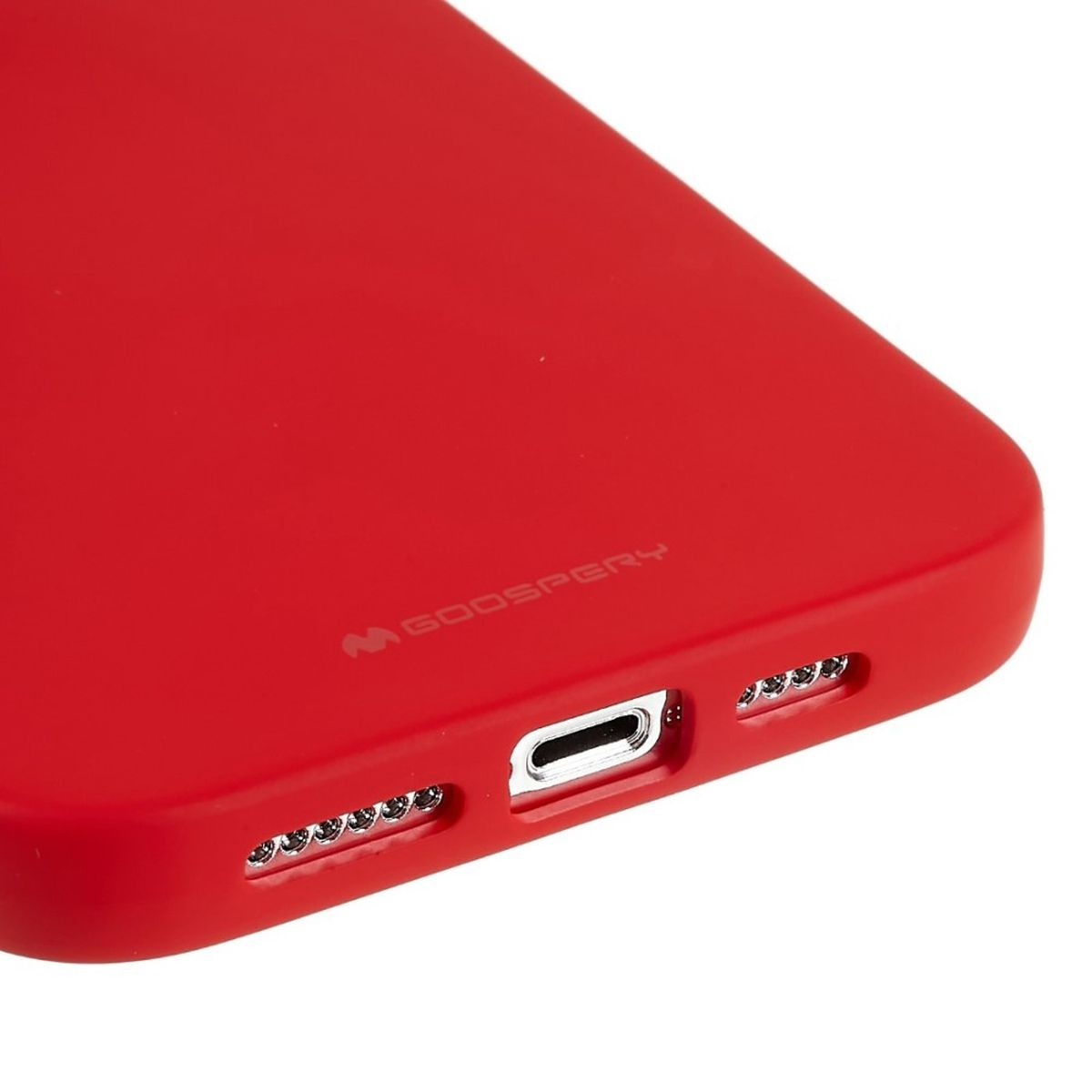 Eine rote Telefonhülle mit Aussparungen für Anschlüsse und Lautsprecher, sowie Markenname.