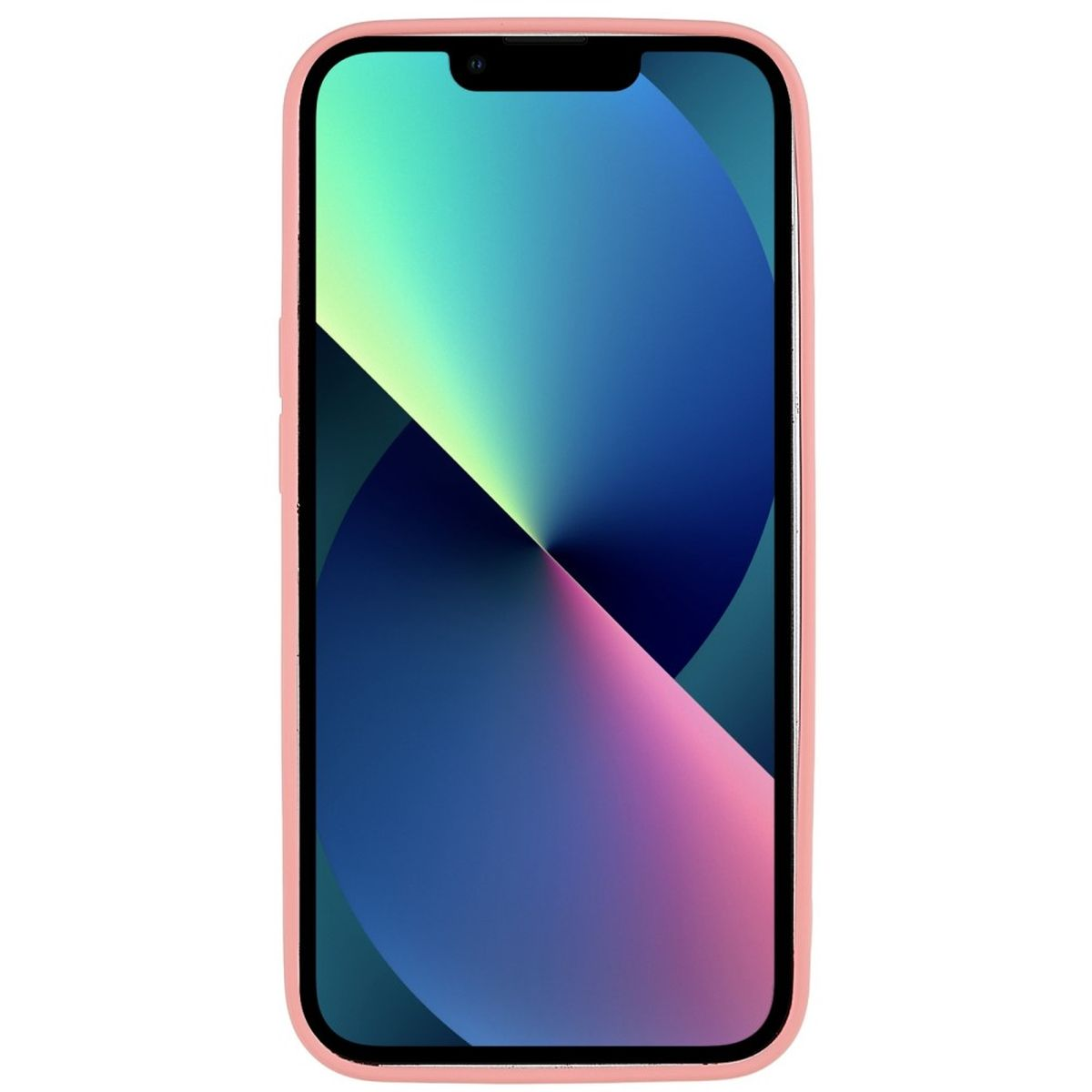 Eine rosa Handyhülle mit einem Telefon darin, der Bildschirm ist farbenfroh.