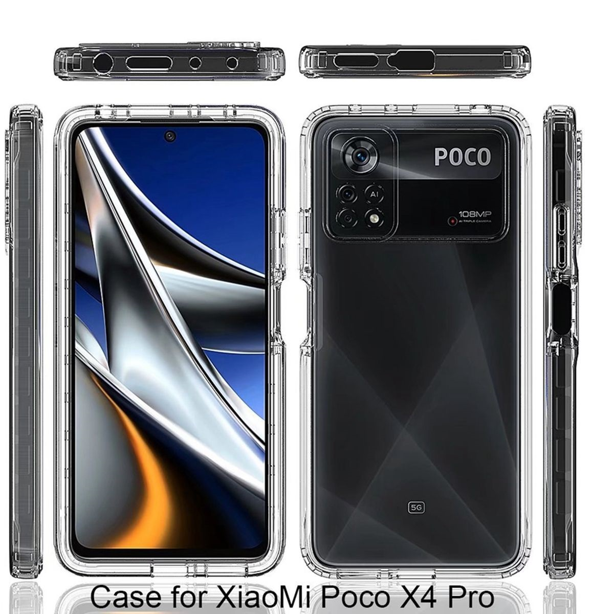 Handyhülle für Xiaomi Poco X4 Pro. Klare Hülle, mehrere Ansichten. Zeigt Rückseite und Kanten.