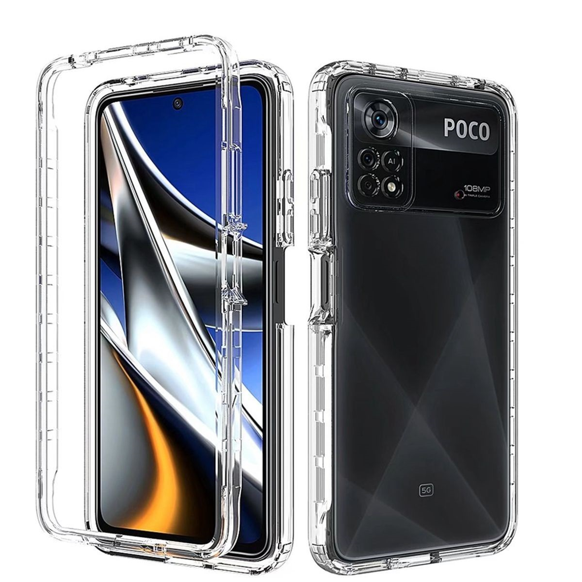 Transparente Handyhülle mit Telefon darin, zeigt Vorder- und Rückseite.