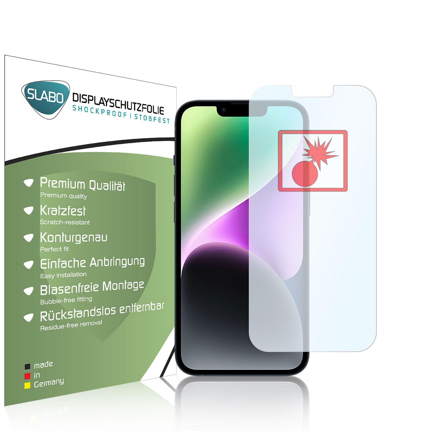 Handy-Displayschutzfolie mit Handy. Schutzfolie rechts. Deutscher Text links.