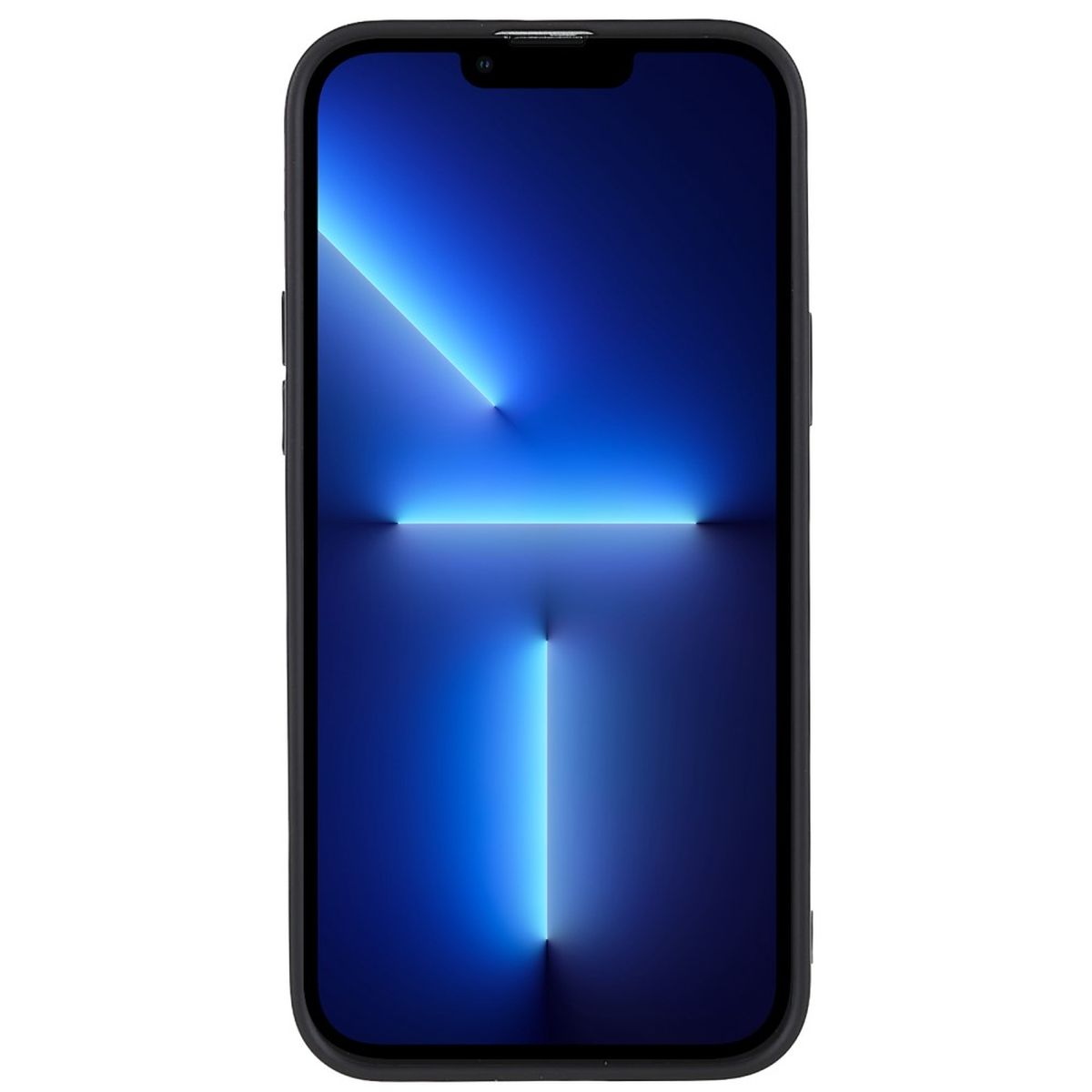 Ein schwarzes Telefon mit blauem Bildschirm vor weißem Hintergrund. Es hat eine Kerbe oben.