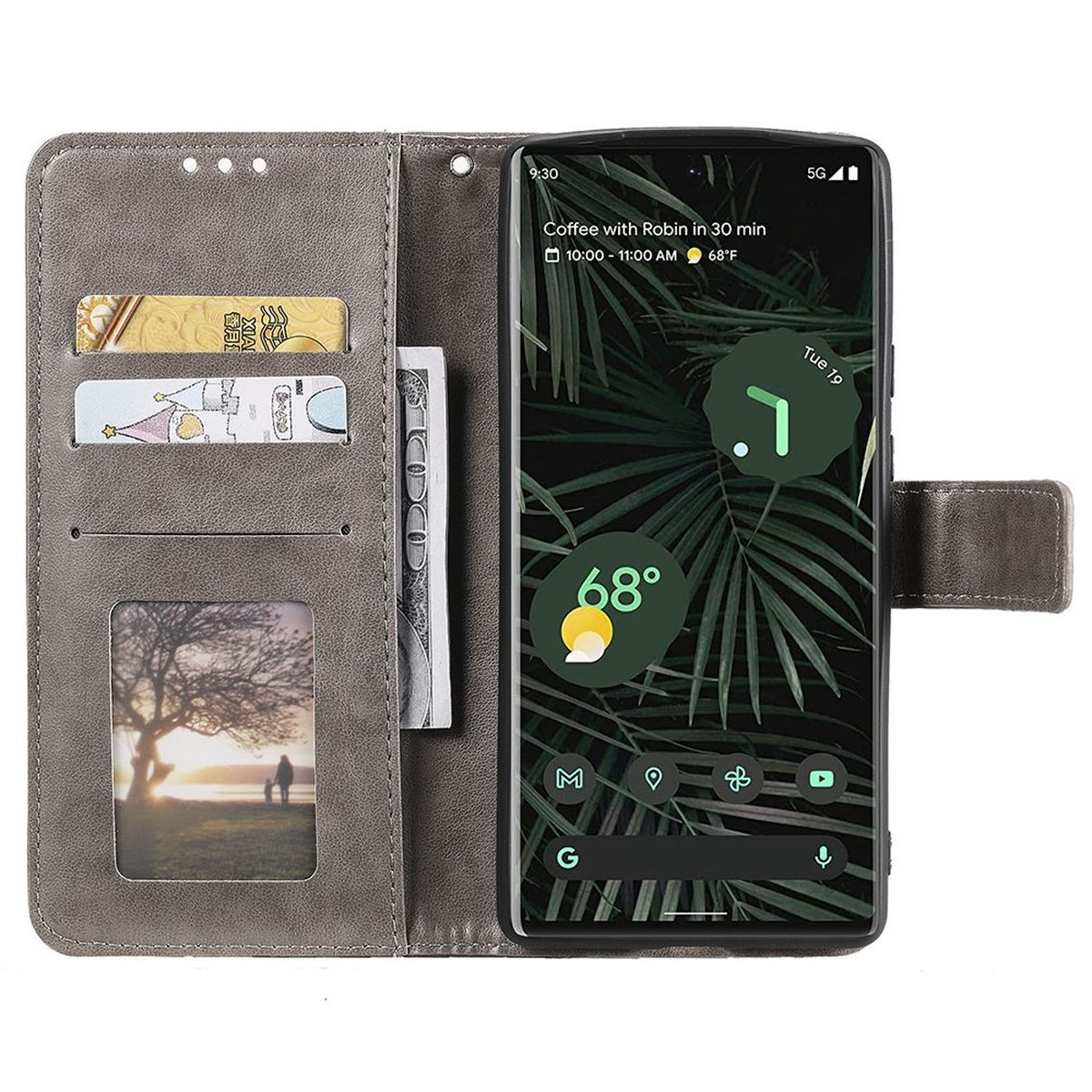 Graue Leder-Handyhülle, offen, mit Karten und Geld. Telefon zeigt App-Anzeige.