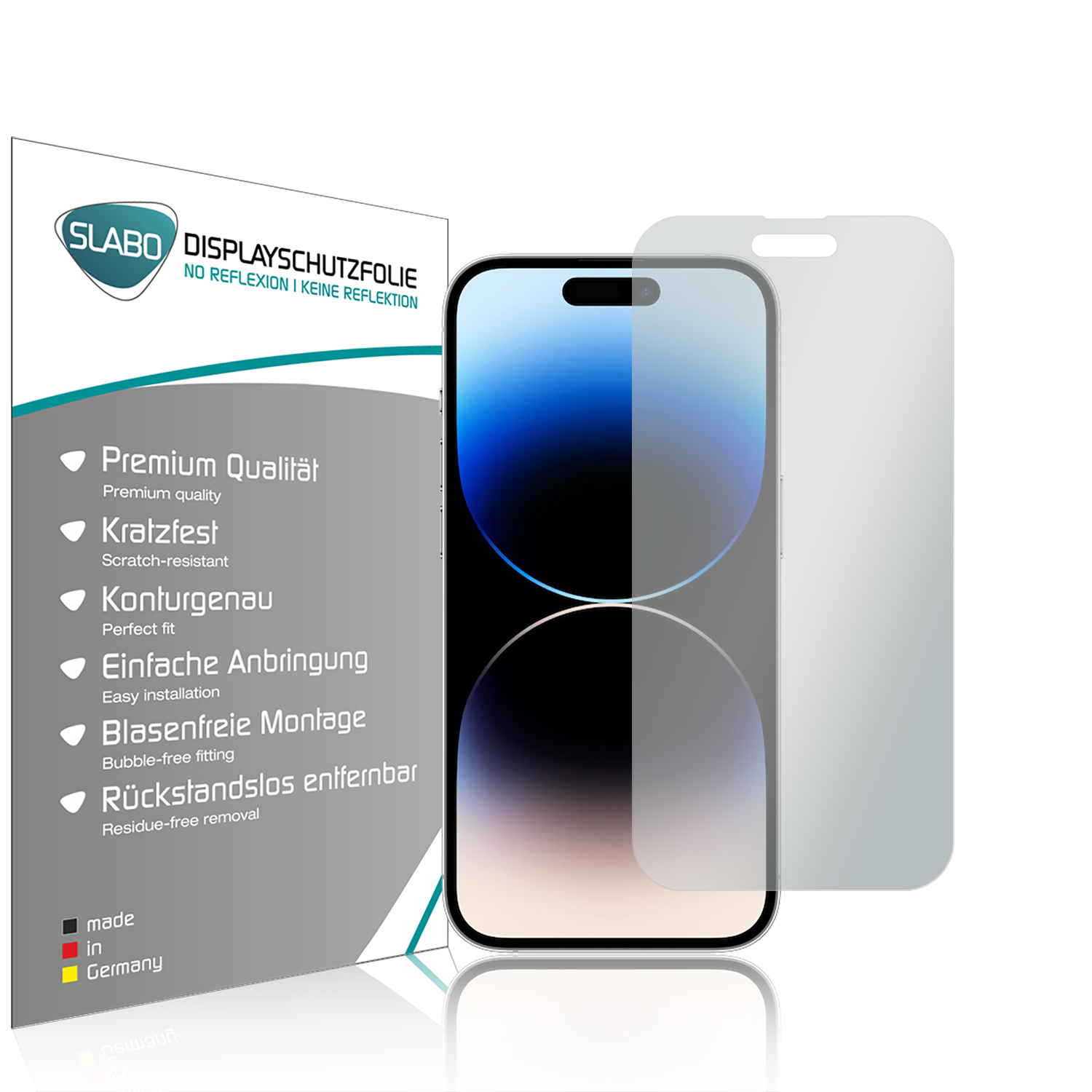 Smartphone mit Displayschutzfolie, Verpackung zeigt kratzfeste und kristallklare Eigenschaften.