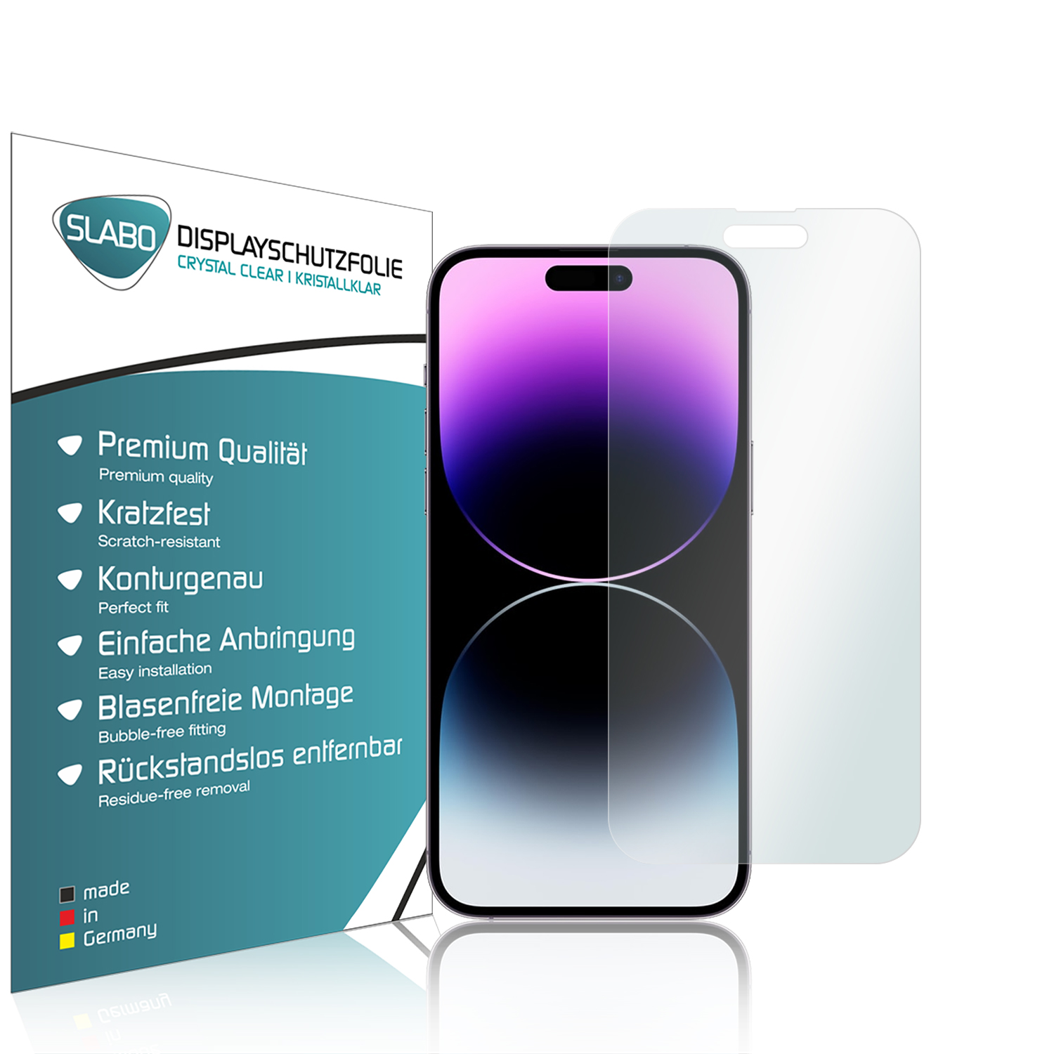 Ein Telefon mit Displayschutzfolie, neben einer Displayschutzfolienverpackung mit Produktdetails.
