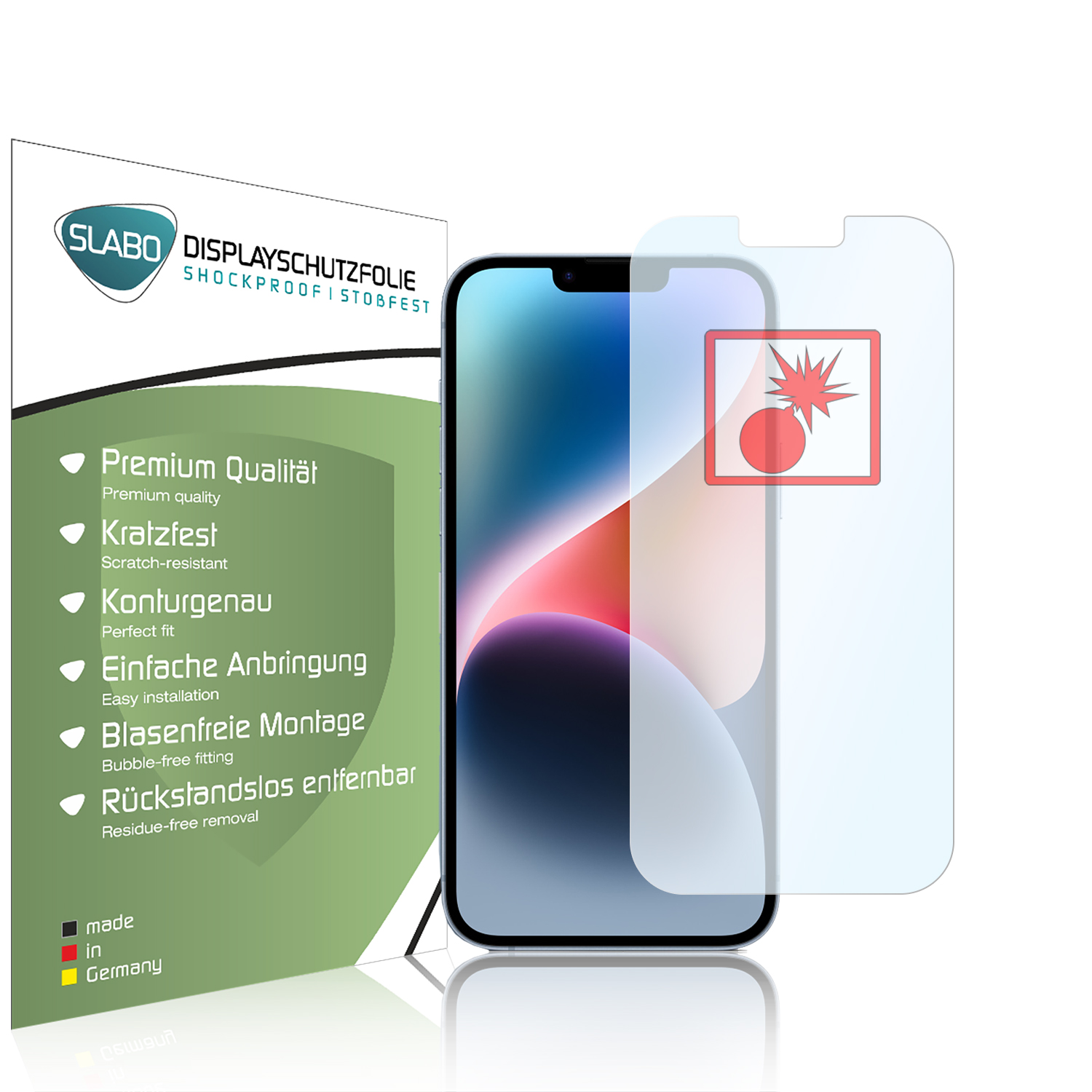 Displayschutzfolie mit Telefon und Explosionsgrafik, mit Text über Qualität.