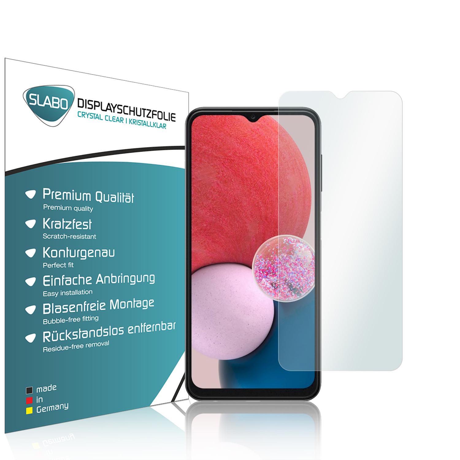 Displayschutzfolie auf einem Telefon. Text und Logo links. Roter und rosa Hintergrund.