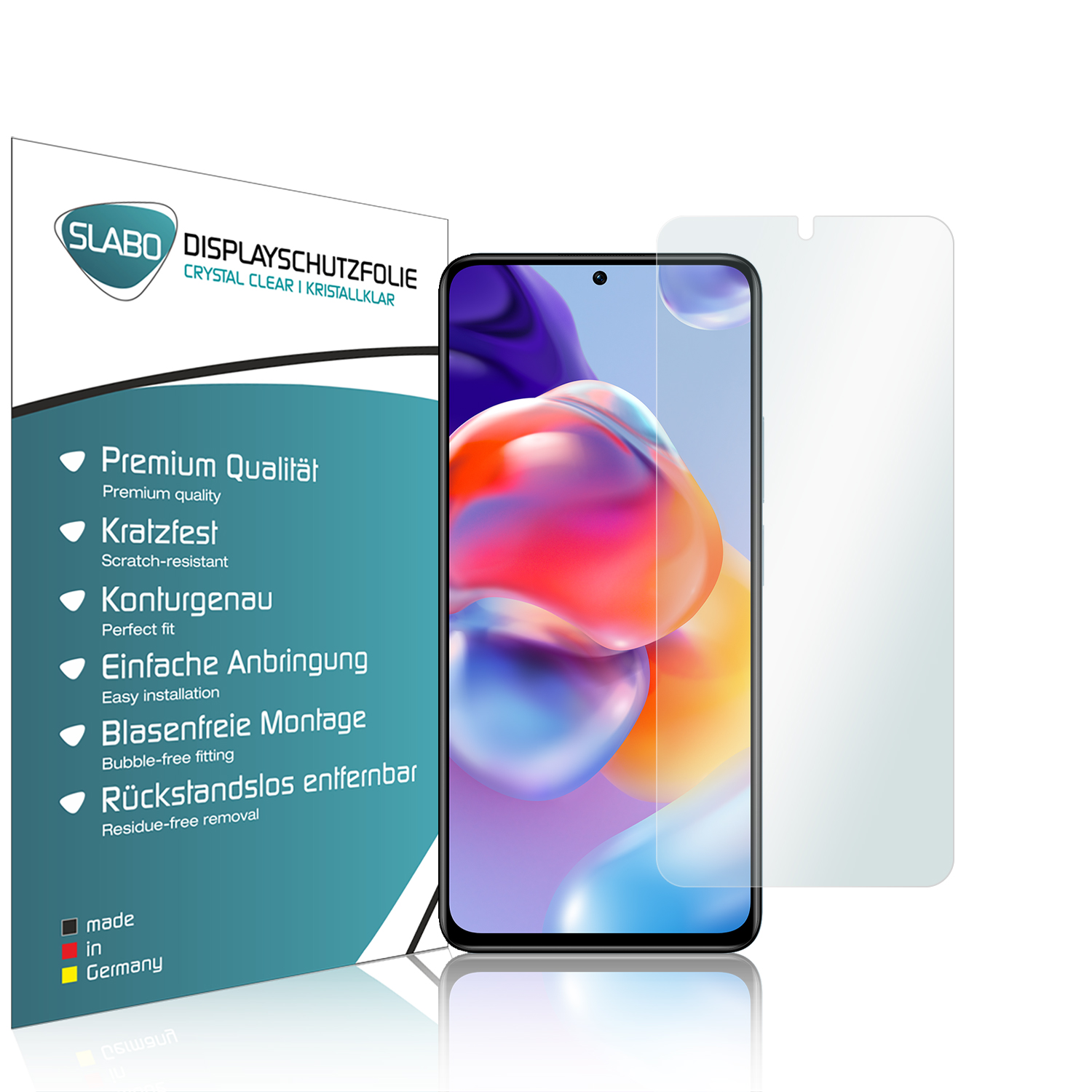 Schutzfolie für ein Telefon, mit einer weißen Box, die Produktname und Funktionen zeigt.