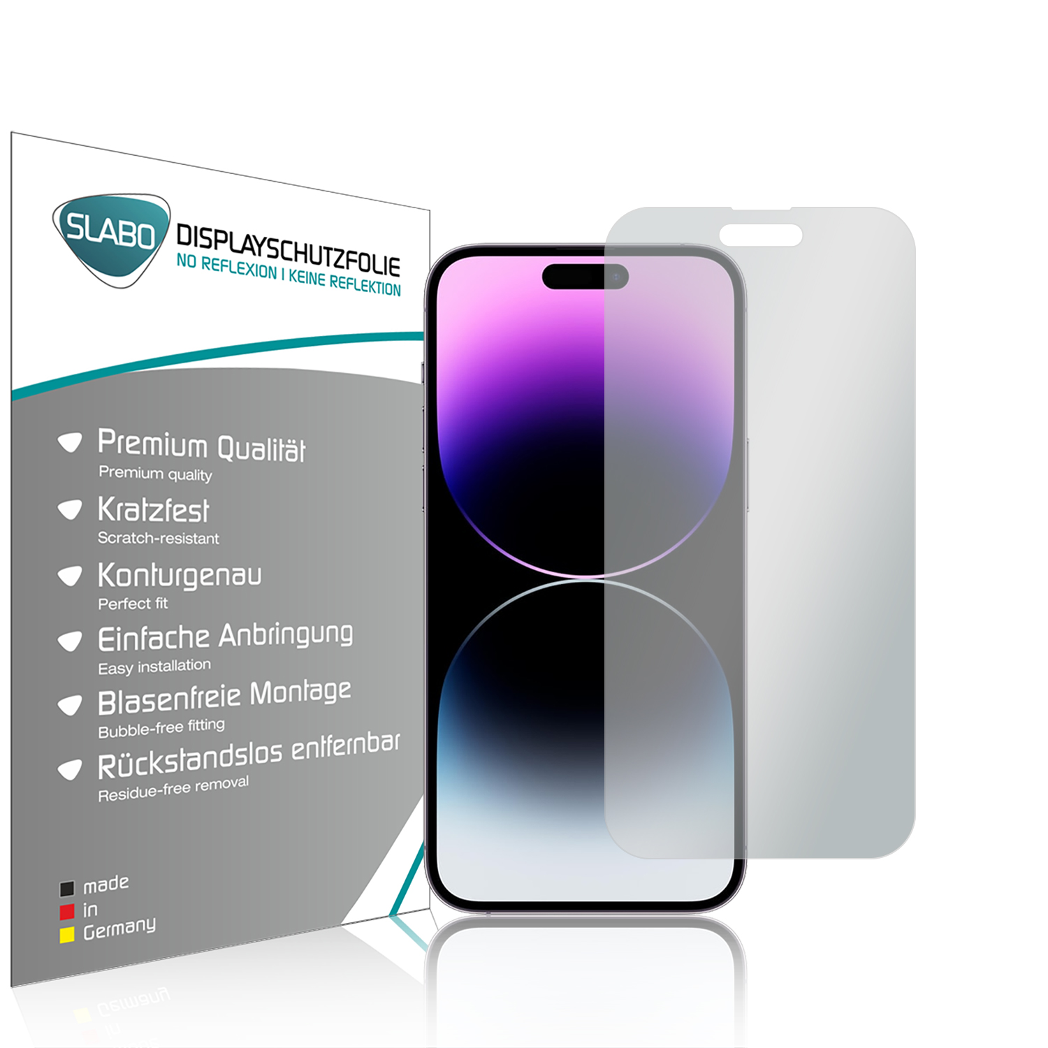 Eine Displayschutzfolien-Verpackung und ein Telefon, die das Produkt mit Text und einem Telefon zeigen.