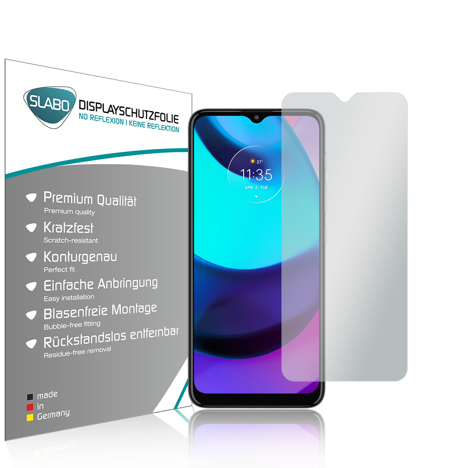 Smartphone mit Displayschutzfolie und einer Box mit Text und Logos.