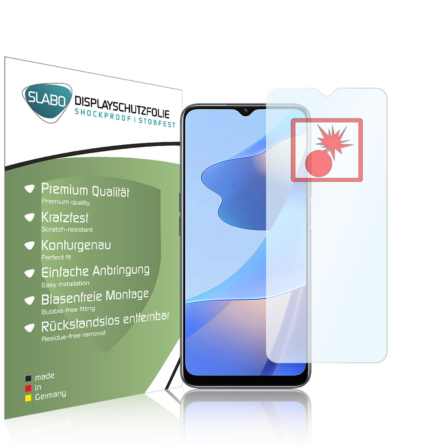 Ein Displayschutzfolien-Kit, mit einem Telefon und einer Schutzfolie, mit Text und einem Logo.