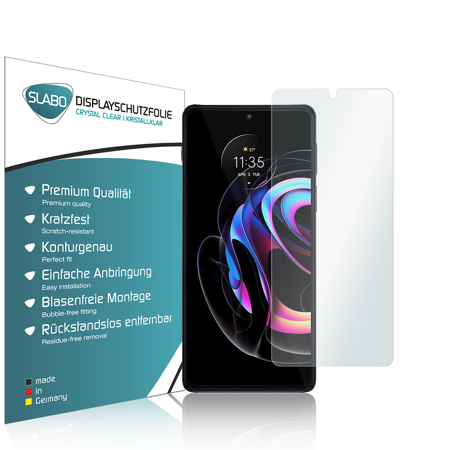 Ein Telefon mit Displayschutzfolie und Verpackung. Die Displayschutzfolie ist klar und das Telefon ist schwarz.
