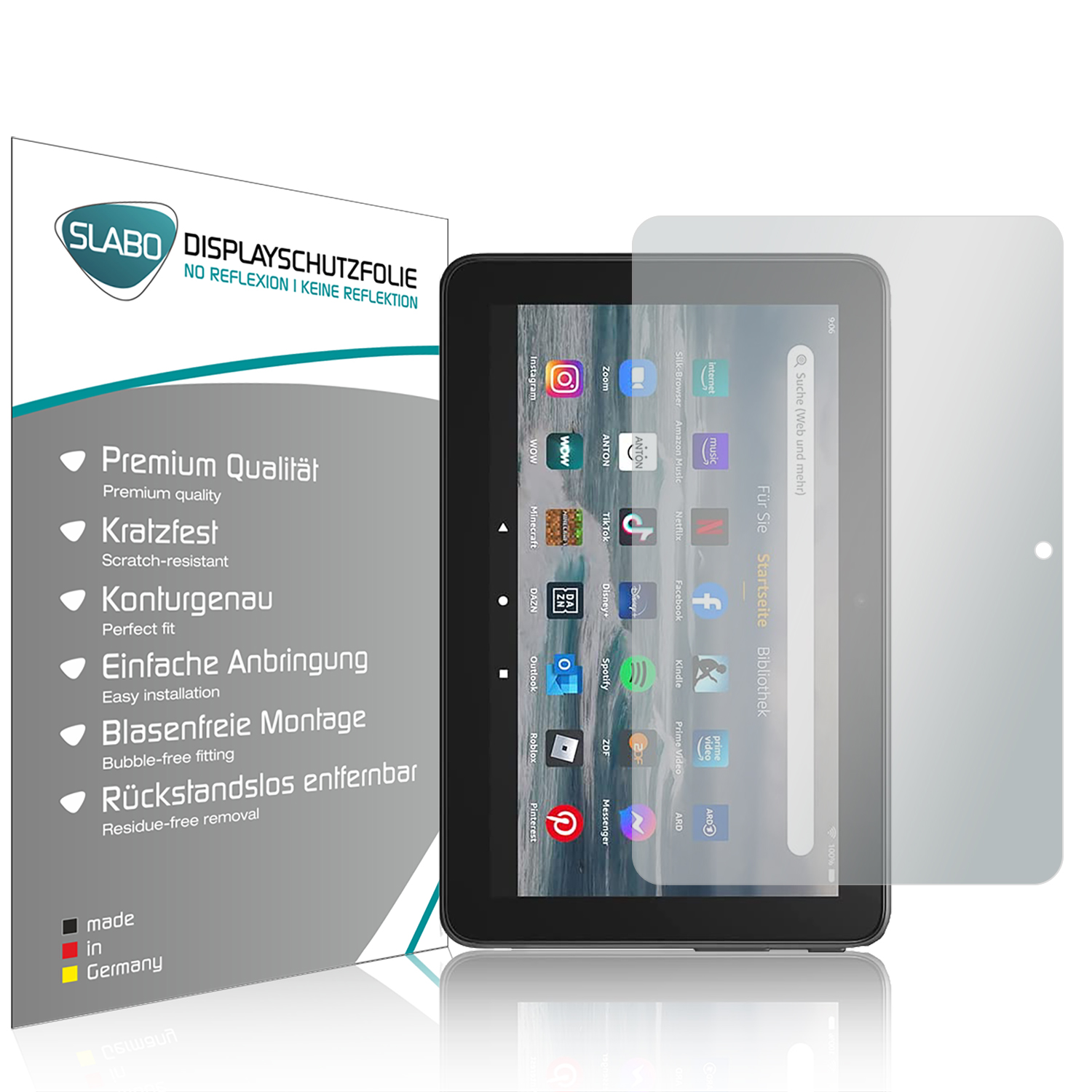 Smartphone mit Displayschutzfolie und einer Box. Der Schutz ist klar und hat ein Design.