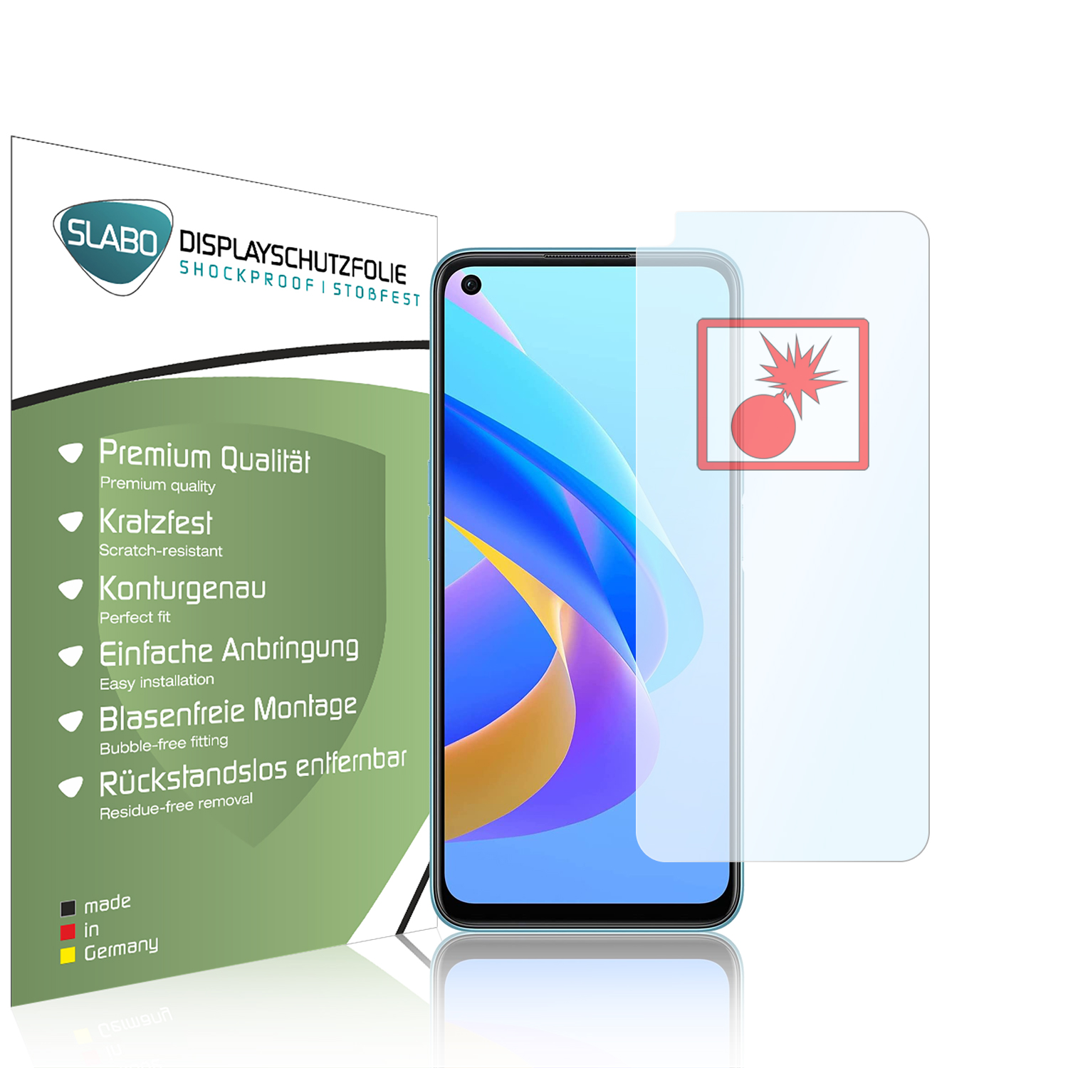 Ein Telefon mit Displayschutzfolie. Die Folie ist transparent und beschriftet. Es zeigt das Telefon.