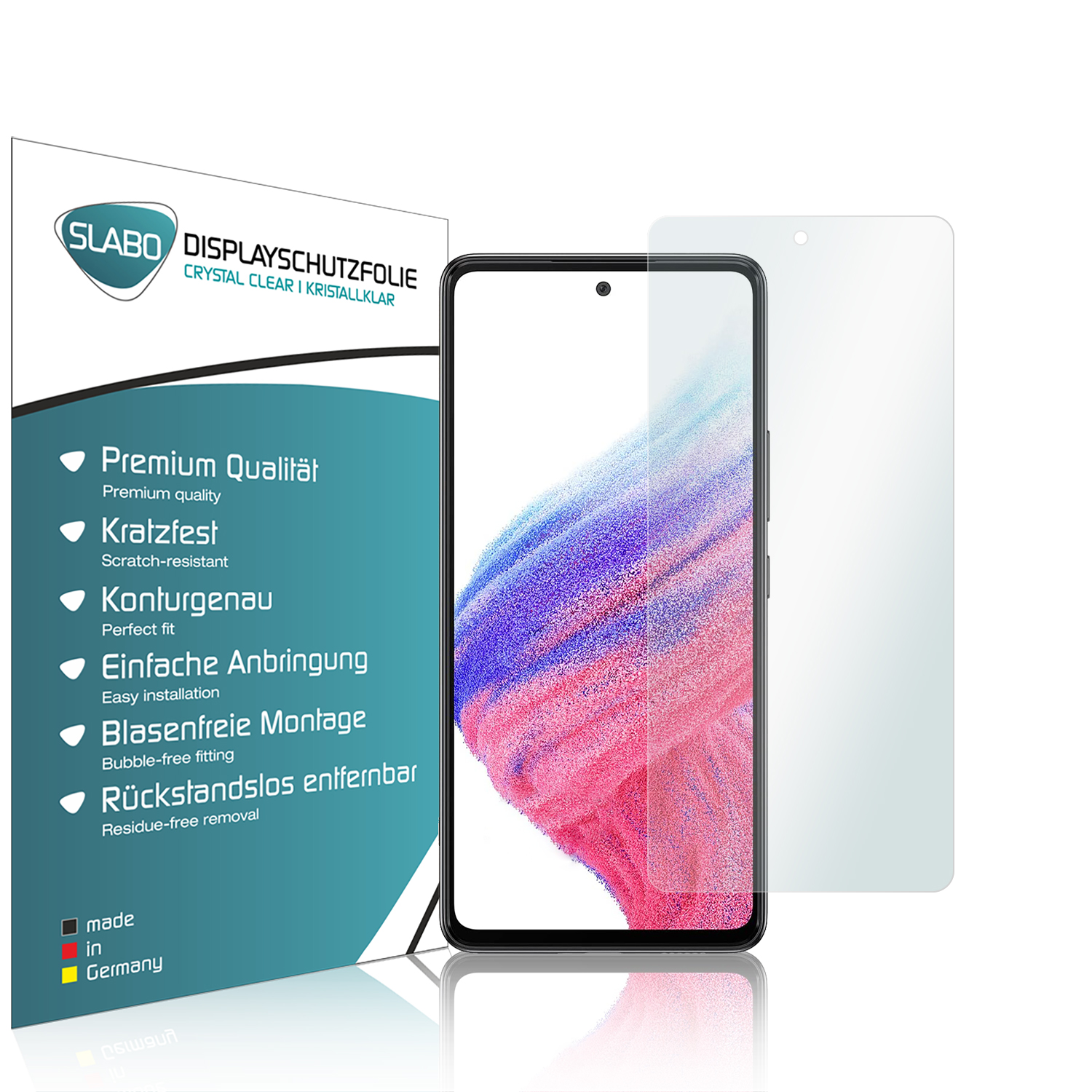 Displayschutzfolie und Telefon mit Text über Qualität.