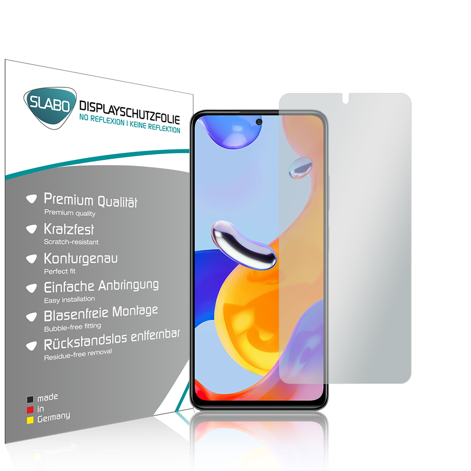 Telefon mit Displayschutzfolie und Verpackung auf weißer Oberfläche.
