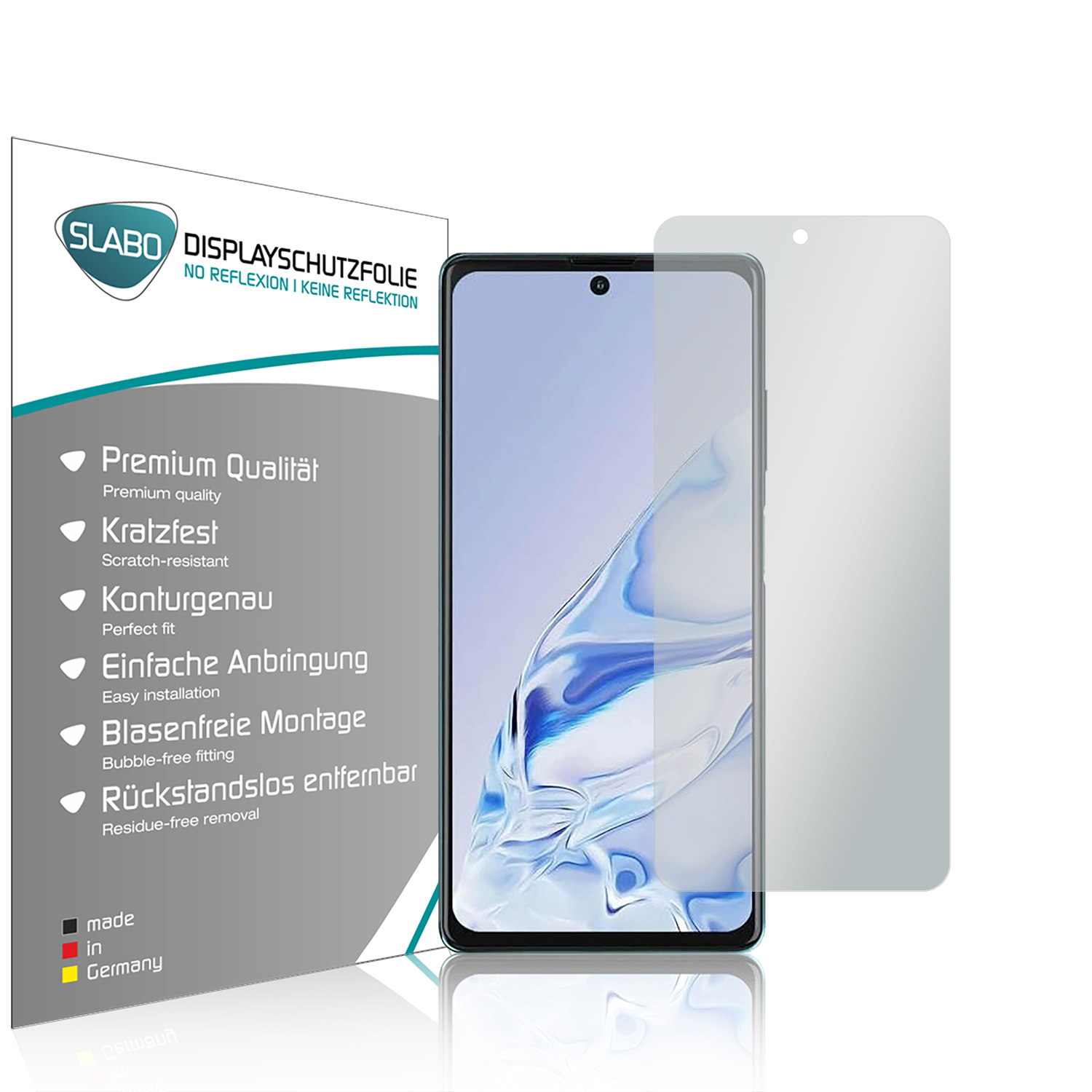 Smartphone-Displayschutzfolie mit Telefon und Box. Text auf der Box: 'Premium Qualität'.