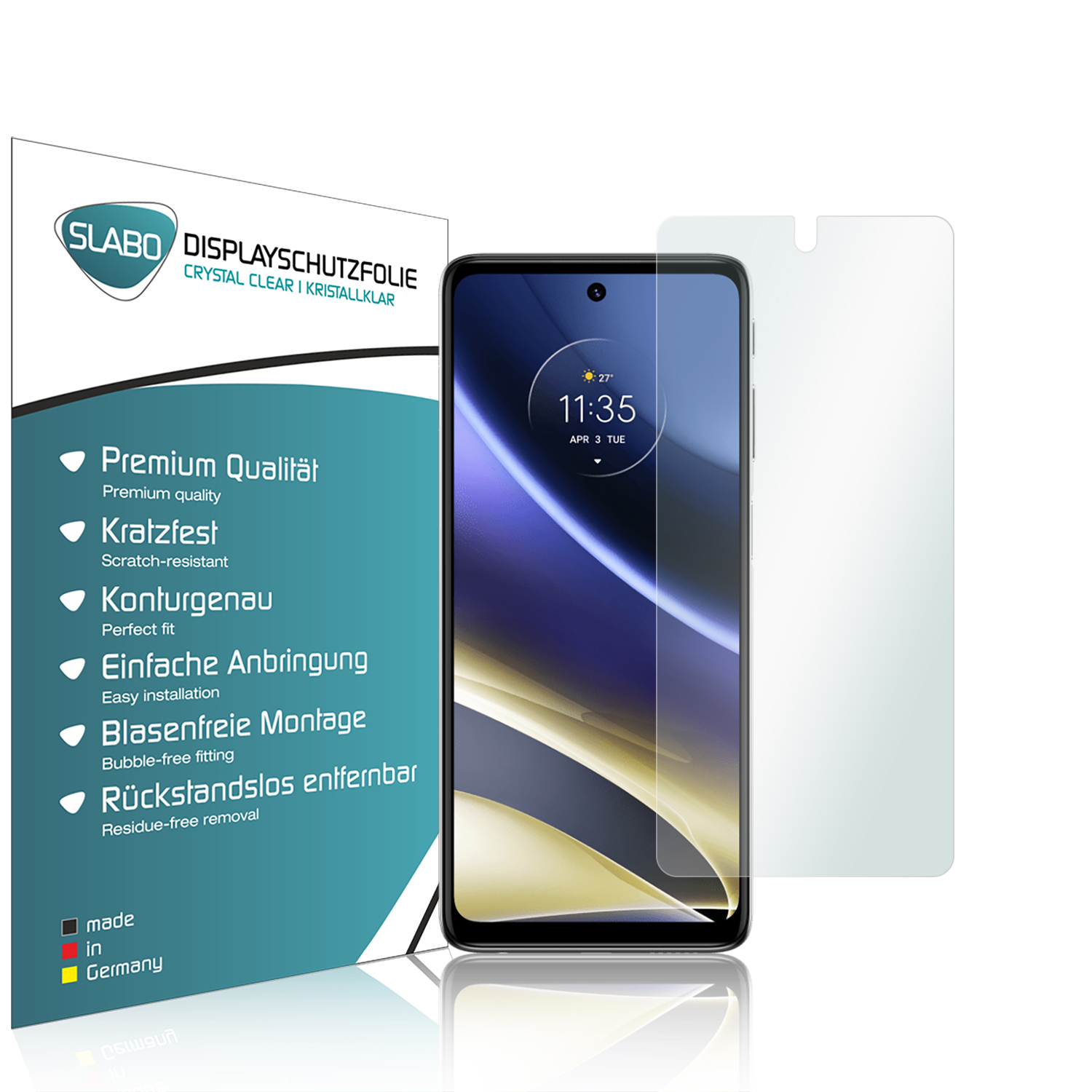 Ein Telefon mit Displayschutzfolie und deren Verpackung. Der Schutz ist klar und zeigt den Bildschirm darunter.