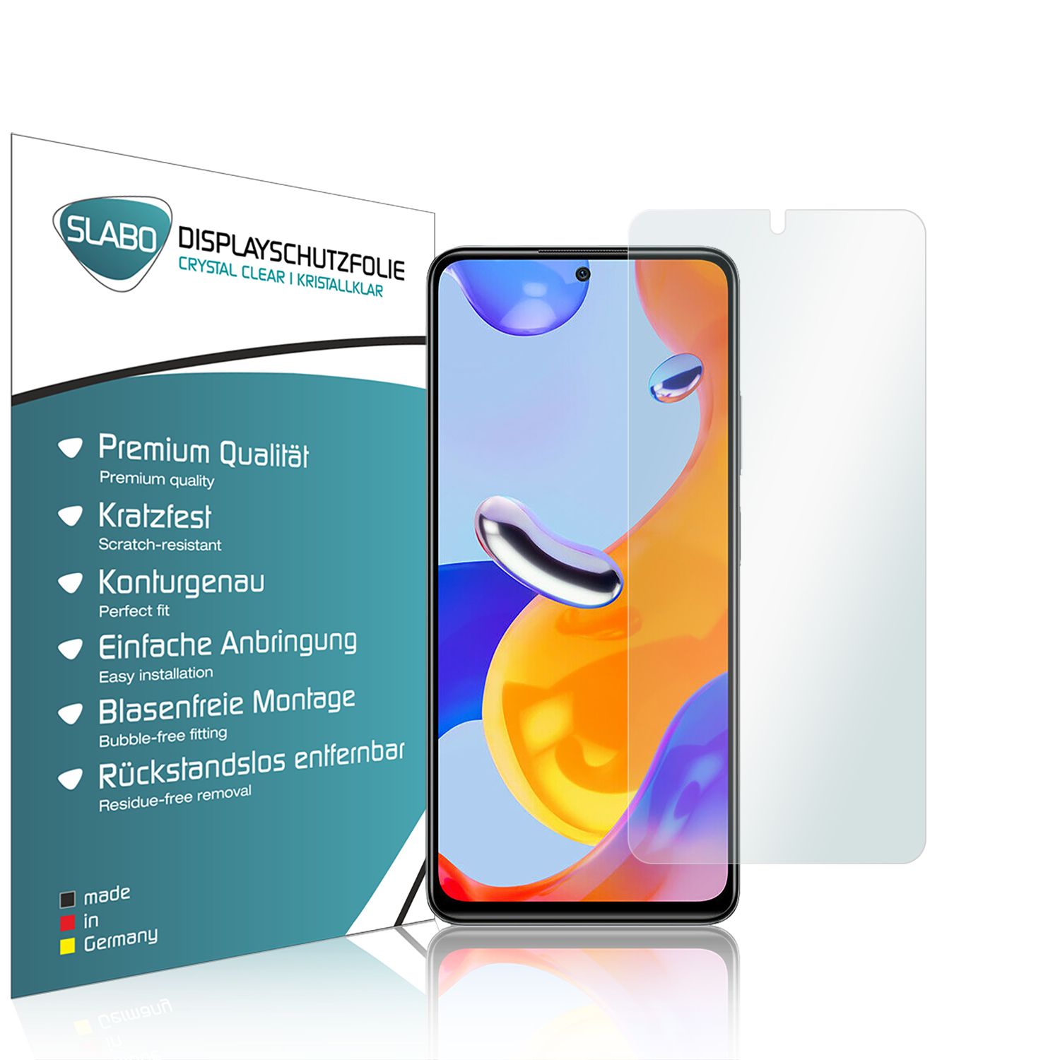 Displayschutzfolie und Telefon mit farbigem Bild. Verpackung mit Text.