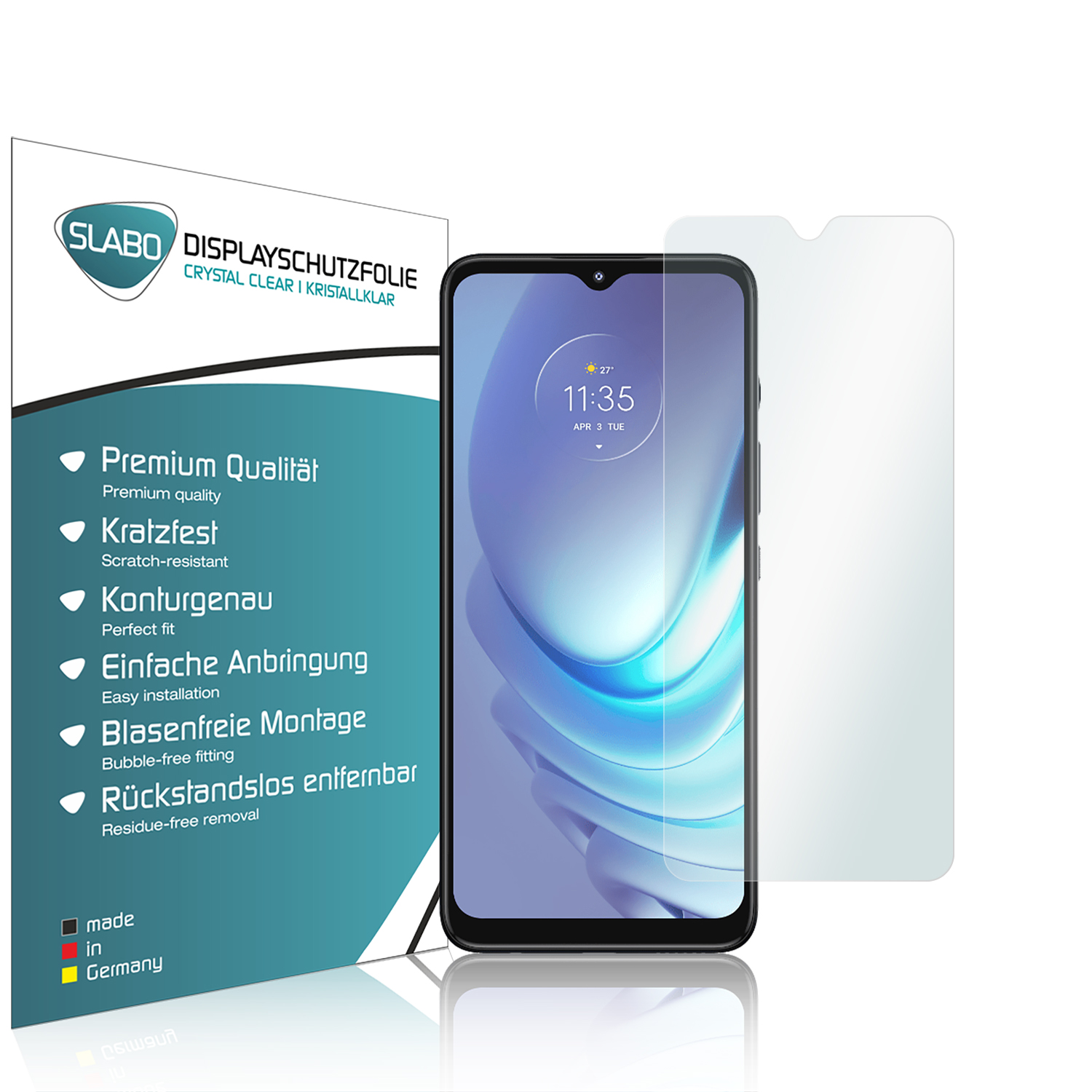 Telefon mit Displayschutzfolie und dessen Box. Die Box listet Funktionen wie Kratzfestigkeit auf.