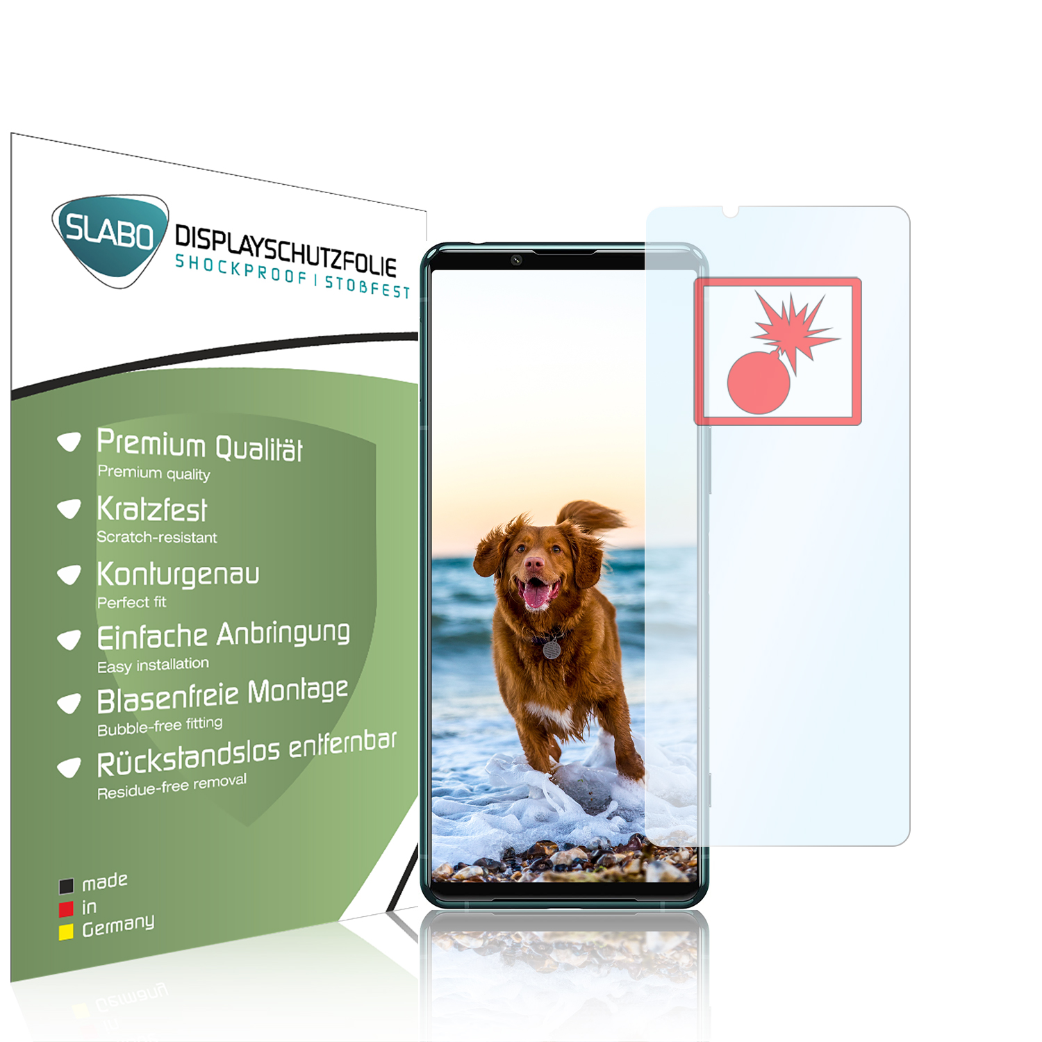 Telefon mit Displayschutzfolien-Applikationsset, mit einem Hund, der auf dem Bildschirm rennt. Die Verpackung befindet sich links.