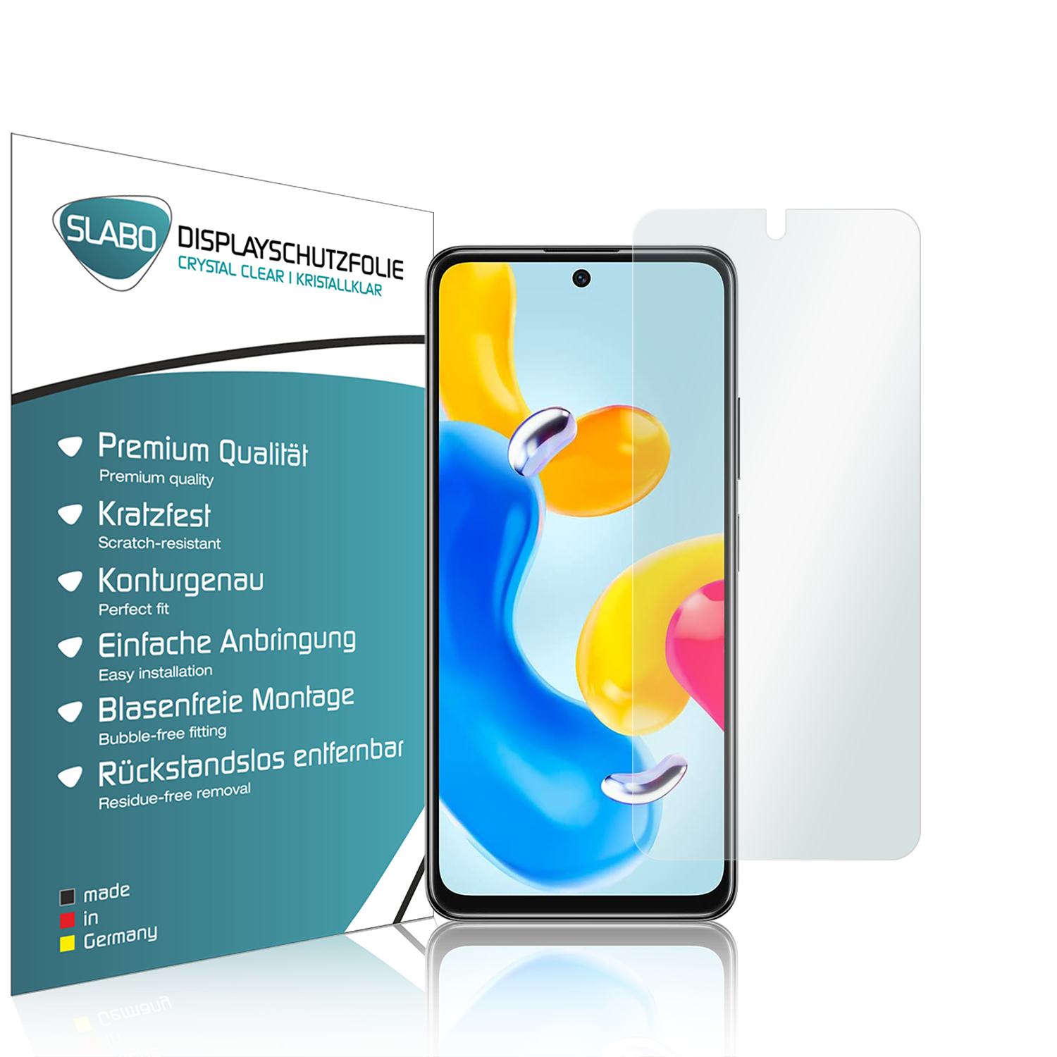 Ein Telefon mit Displayschutzfolie und Verpackung, auf einer weißen Oberfläche.