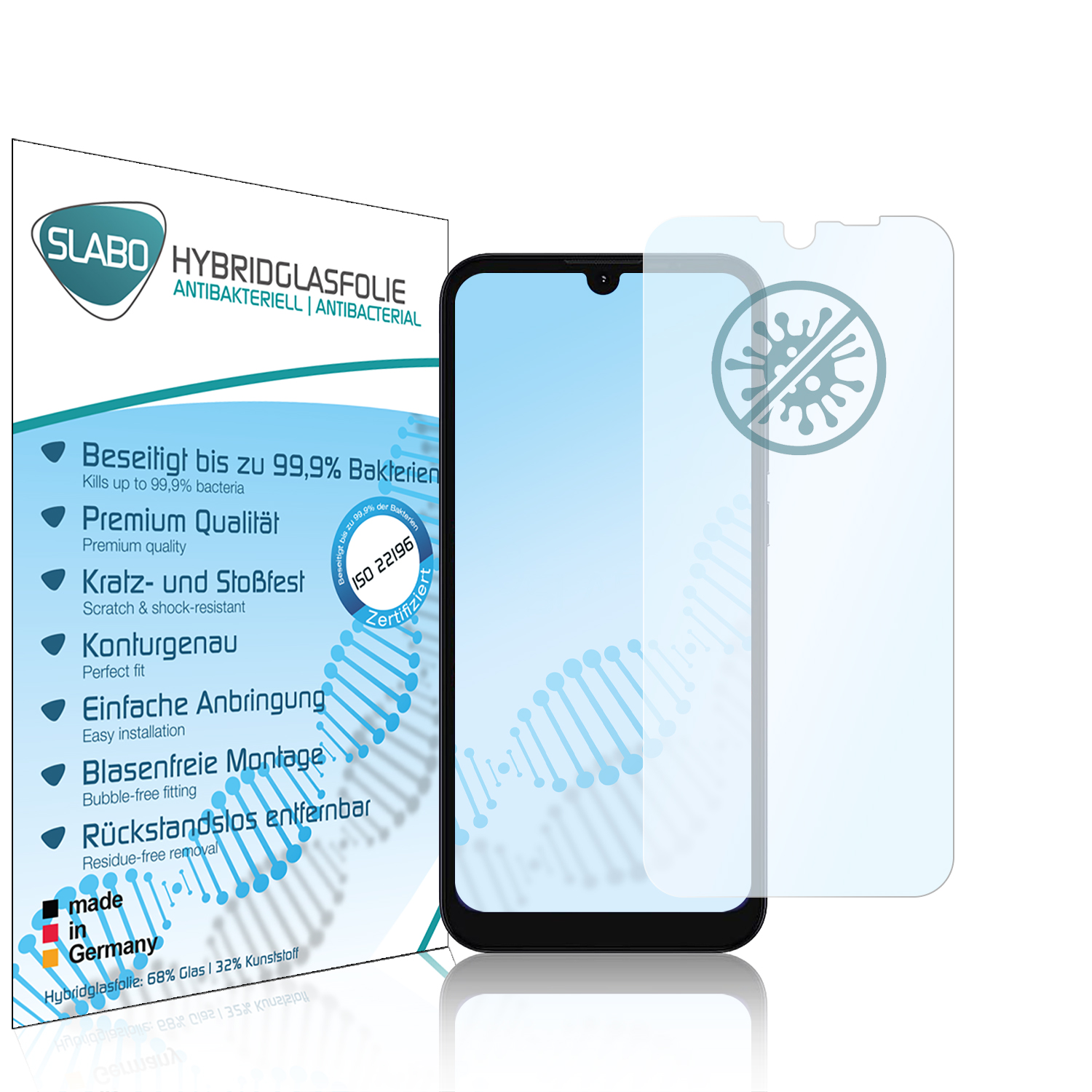 Handy-Displayschutz mit Details, Telefon auf weißem Hintergrund.