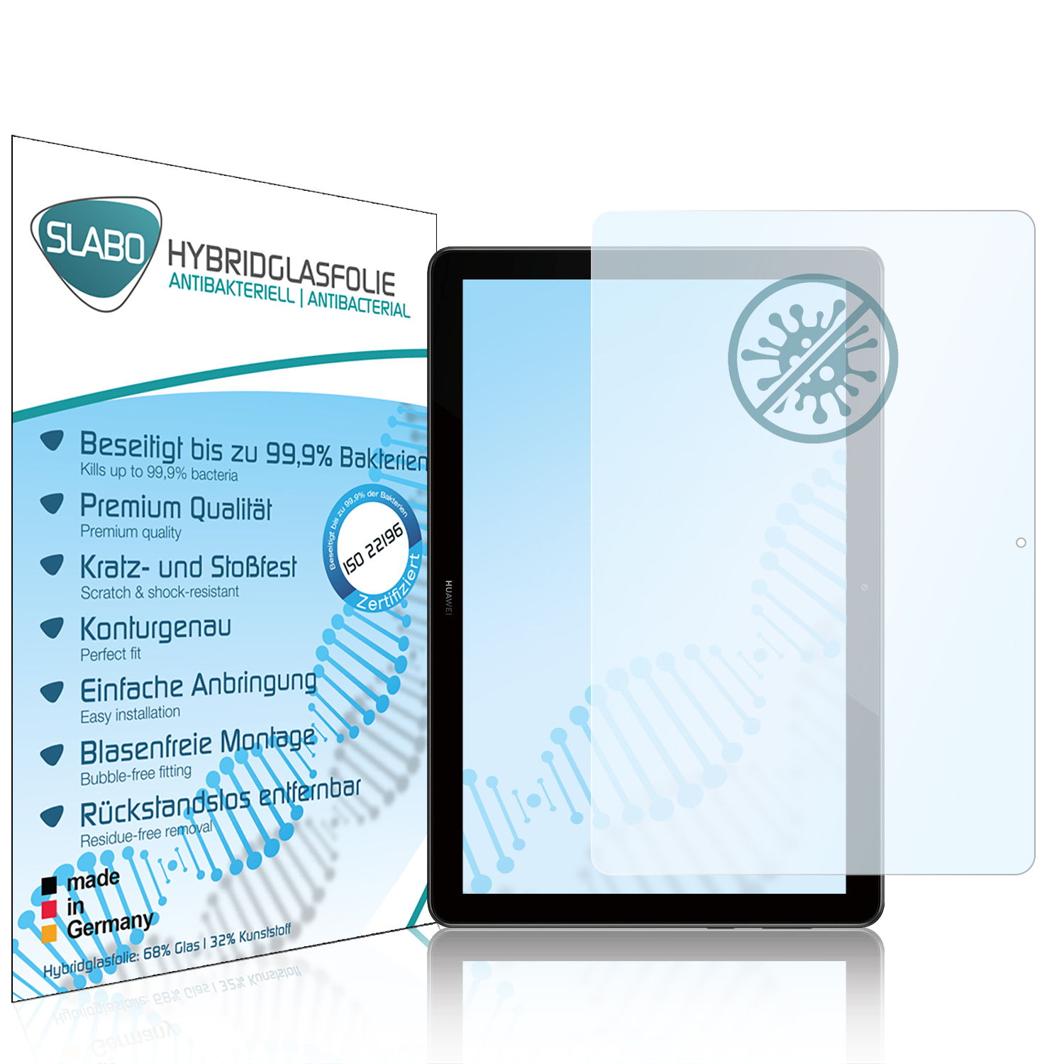 Eine Tablet-Displayschutzfolien-Verpackung und ein Tablet, das Produkt mit Text zeigend.
