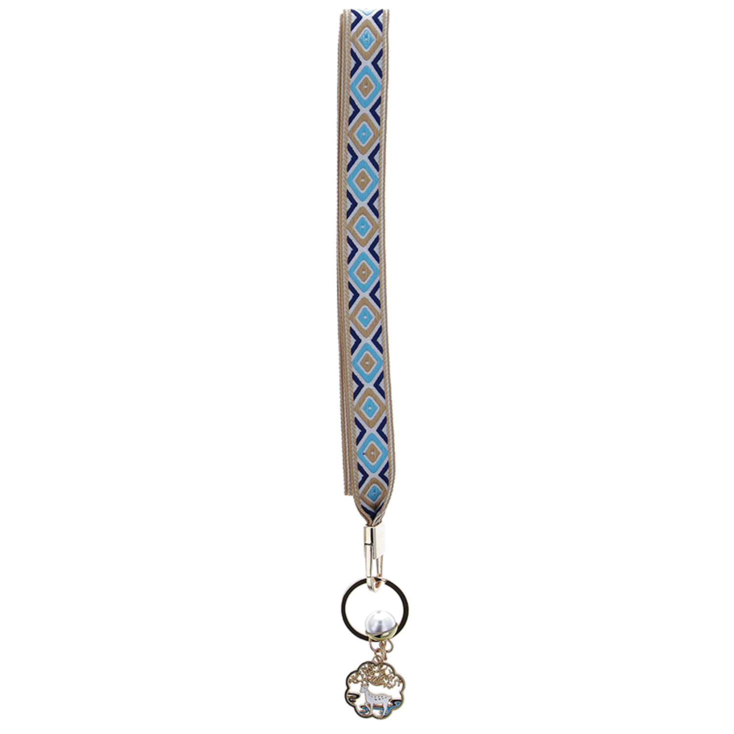 Schlüsselband mit blau-braunem Rautenmuster. Ein silberner Ring mit Anhänger und Perle hängt unten.