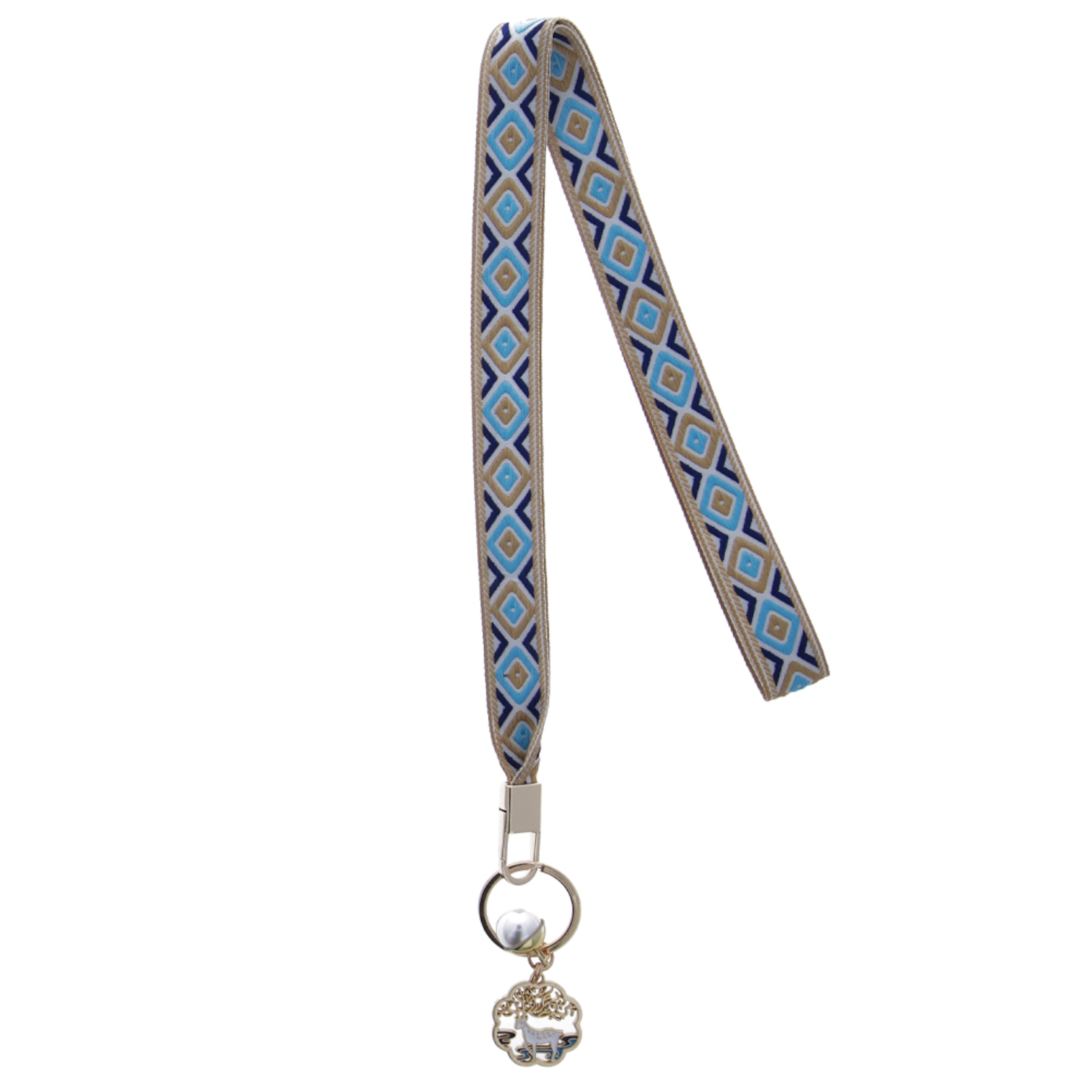 Beiges und blau gemustertes Schlüsselband mit silbernem Verschluss und Anhänger.