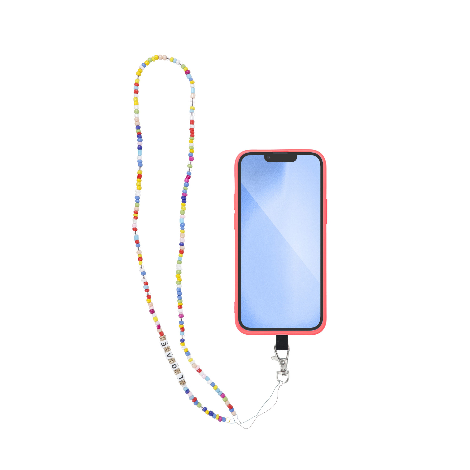 Ein Telefon mit roter Hülle, verbunden mit einem perlenbesetzten Schlüsselband mit dem Wort LOVE.
