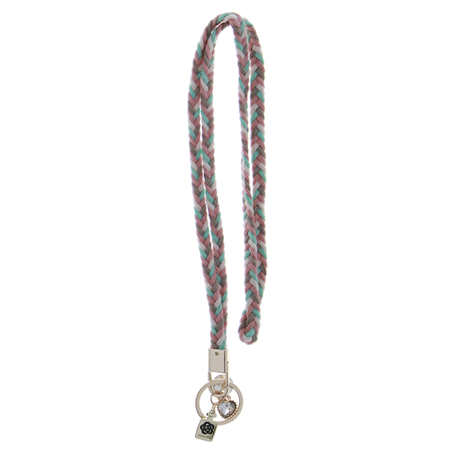 Ein geflochtenes Schlüsselband mit Rosenanhänger und Schlüsselring.