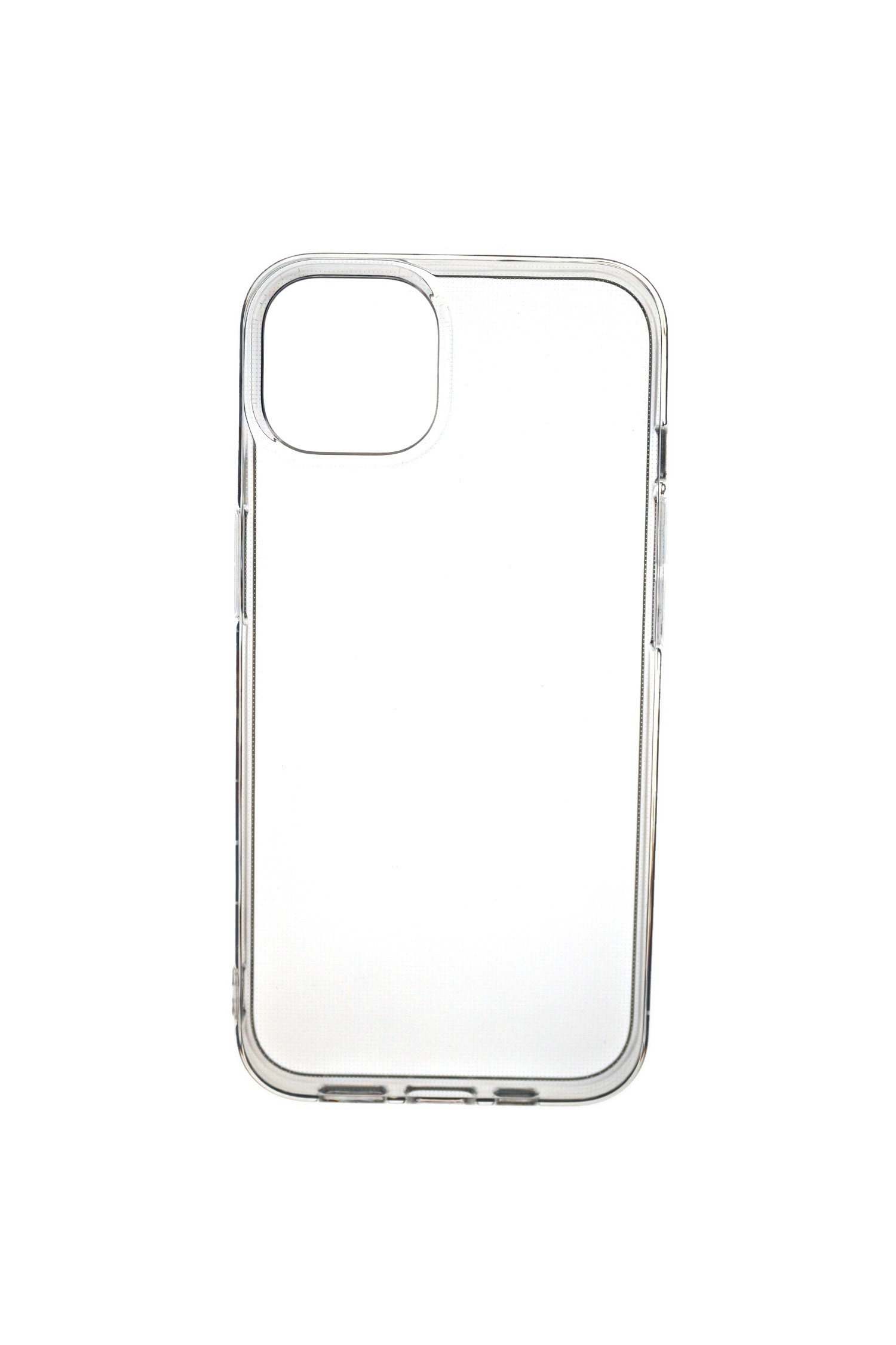 Transparente Handyhülle. Eine transparente Hülle für ein Smartphone, isoliert auf weißem Hintergrund.